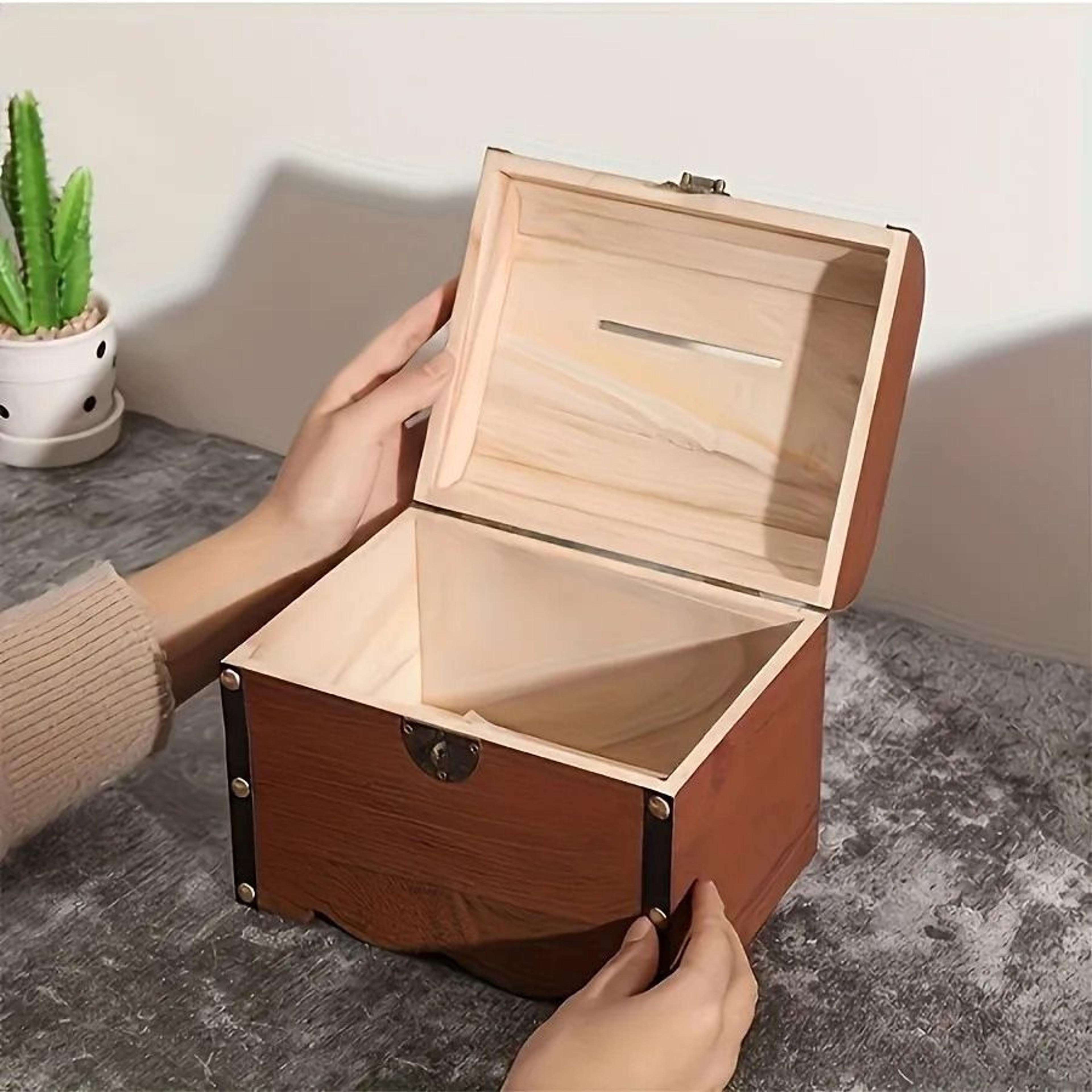 Vintage Wooden Treasure Chest Piggy Bank With Lock Decorative Storage Box 2