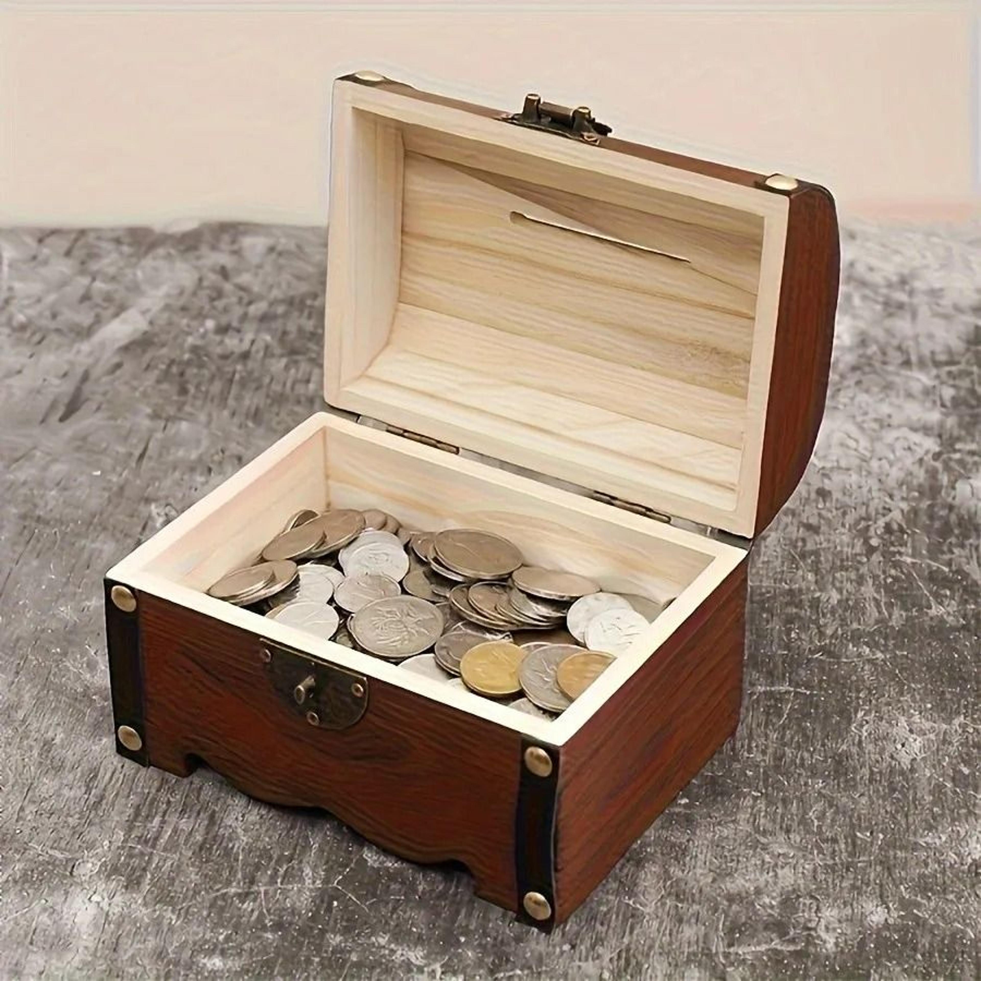 Vintage Wooden Treasure Chest Piggy Bank With Lock Decorative Storage Box 4