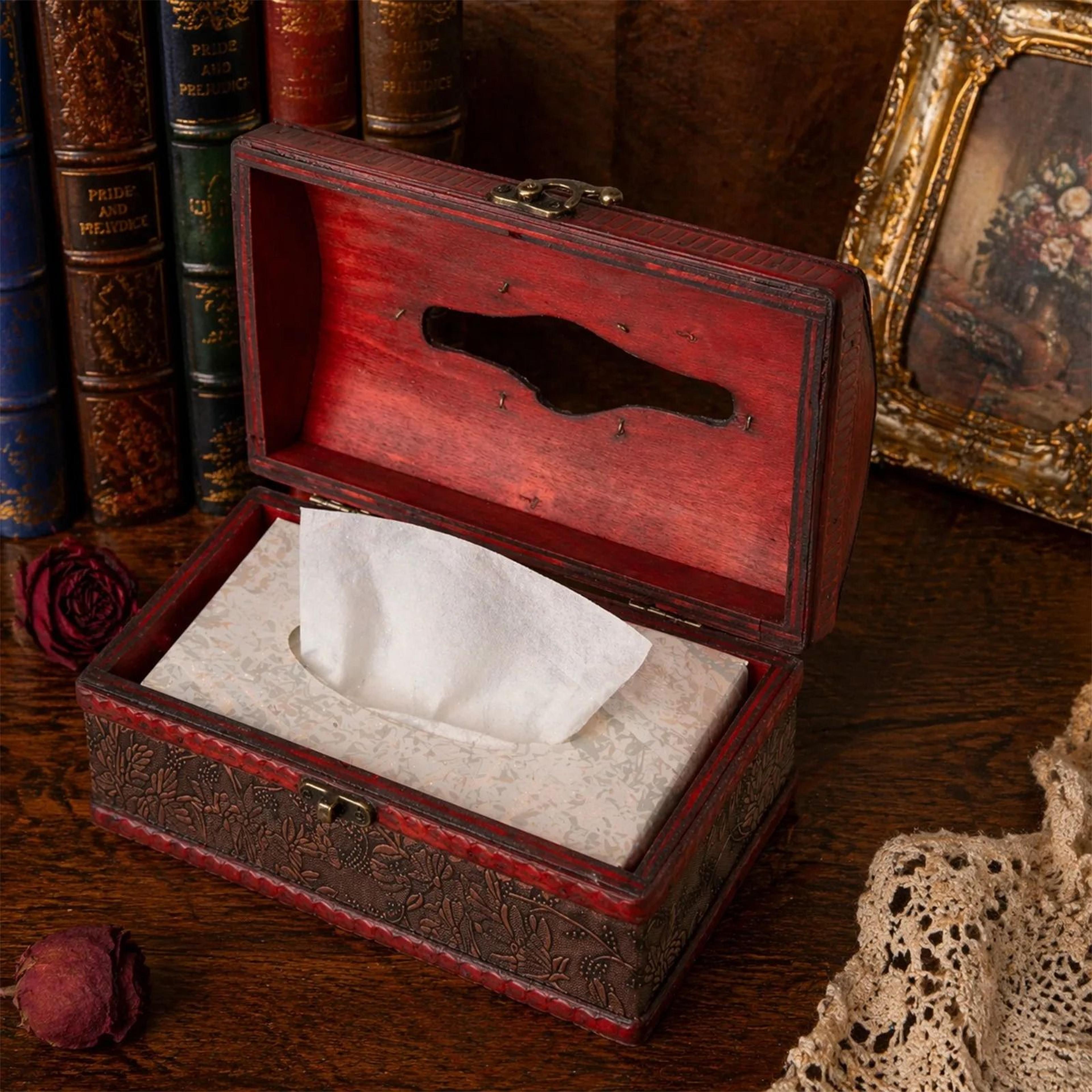 Vintage Elegant Wooden Tissue Box Cover Retro Floral Embossed Leather Holder 3