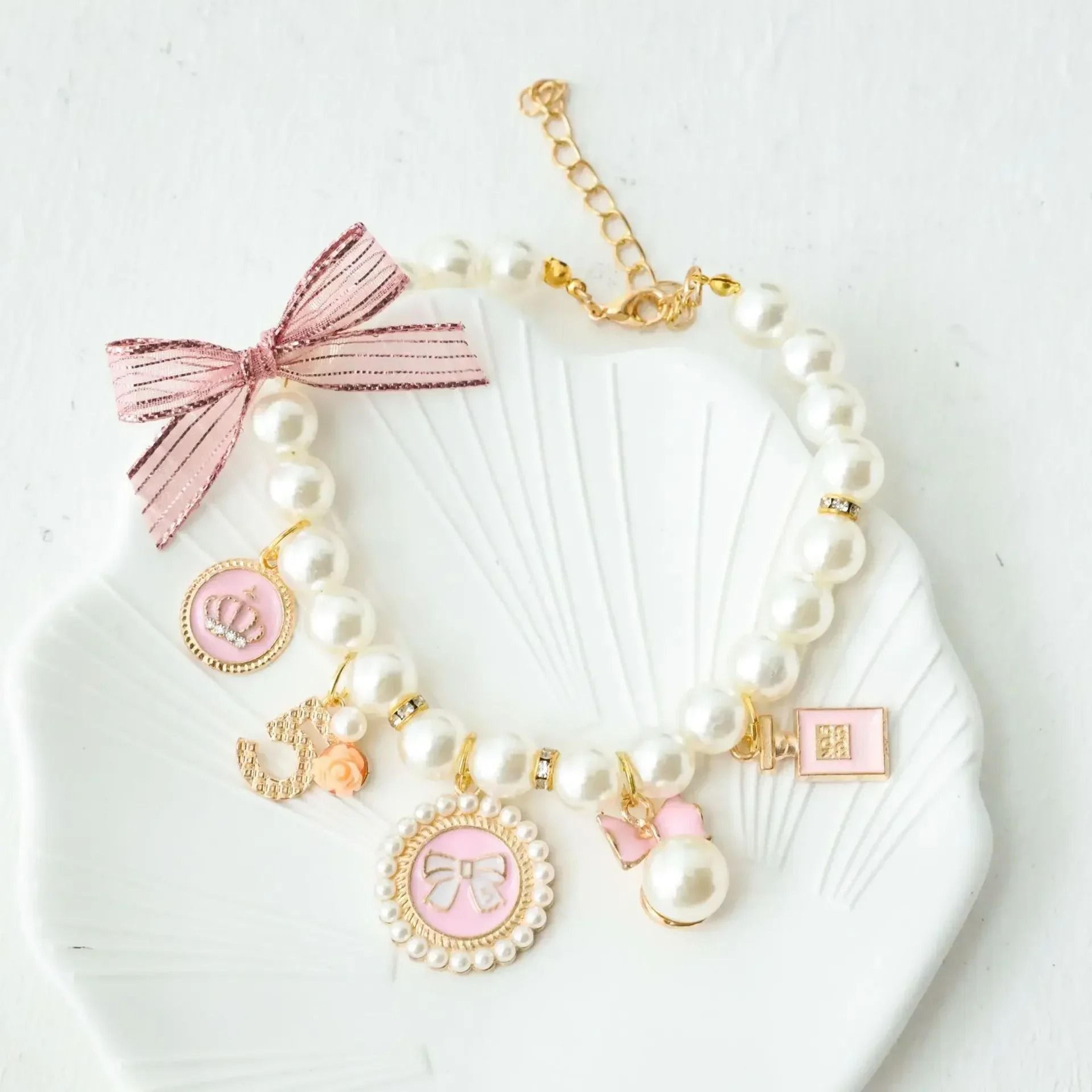 pet bow pearl collar rhinestone princess pendant necklace for small dogs cats