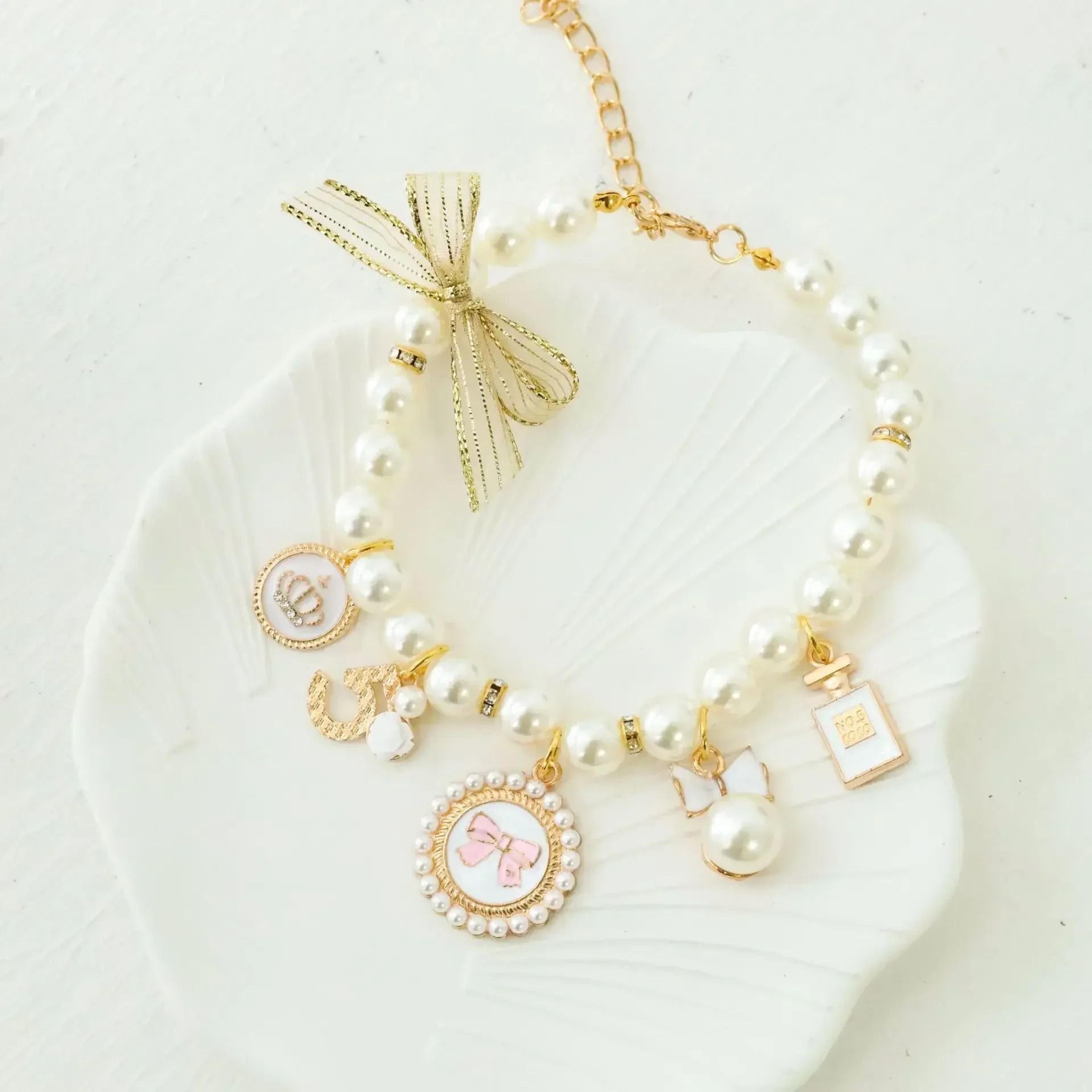 Pet Bow Pearl Collar Rhinestone Princess Pendant Necklace For Small Dogs Cats 2