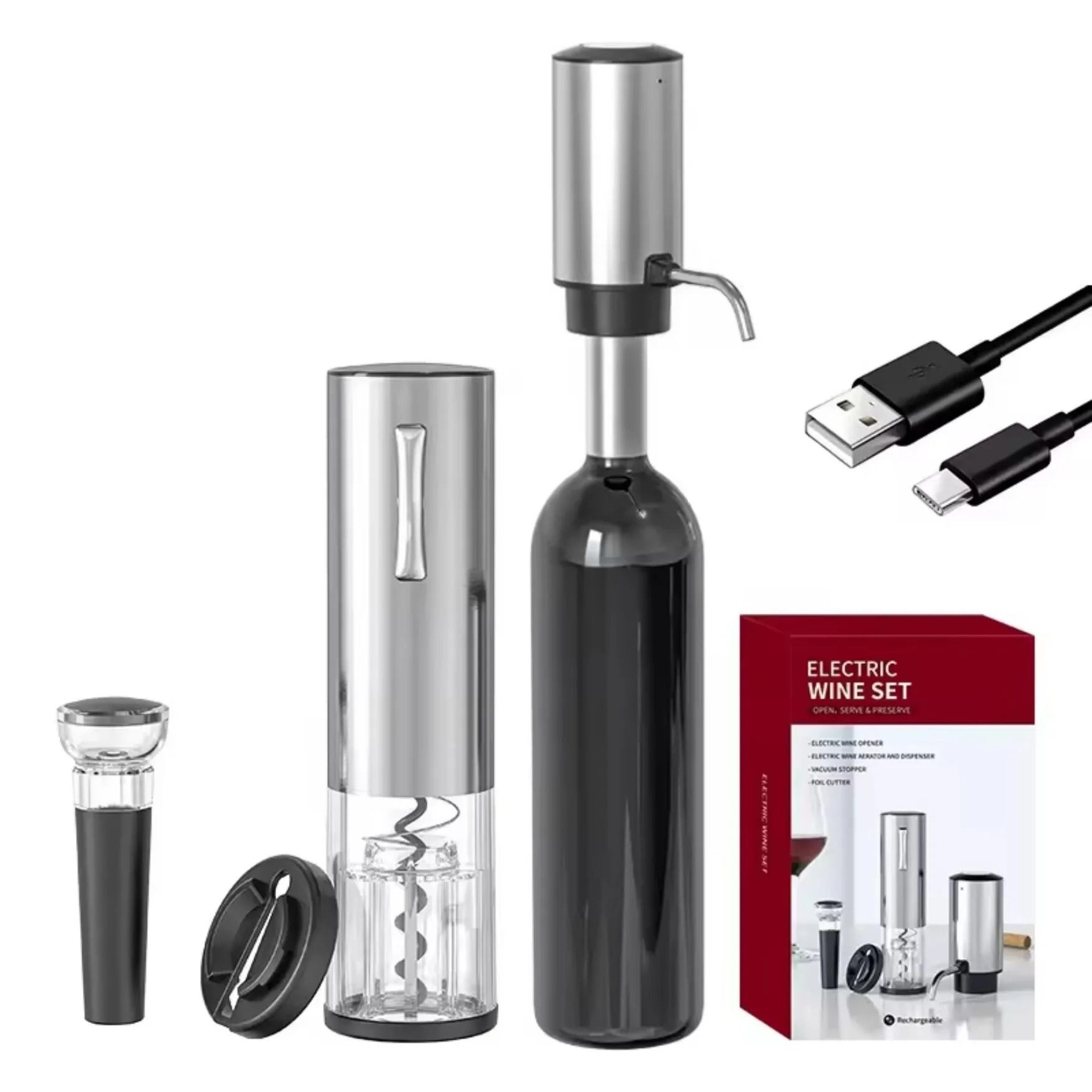Lithium Rechargeable 4 In 1 Electric Wine Opener Set With Foil Cutter Aerator Pourer And Vacuum Sto 6