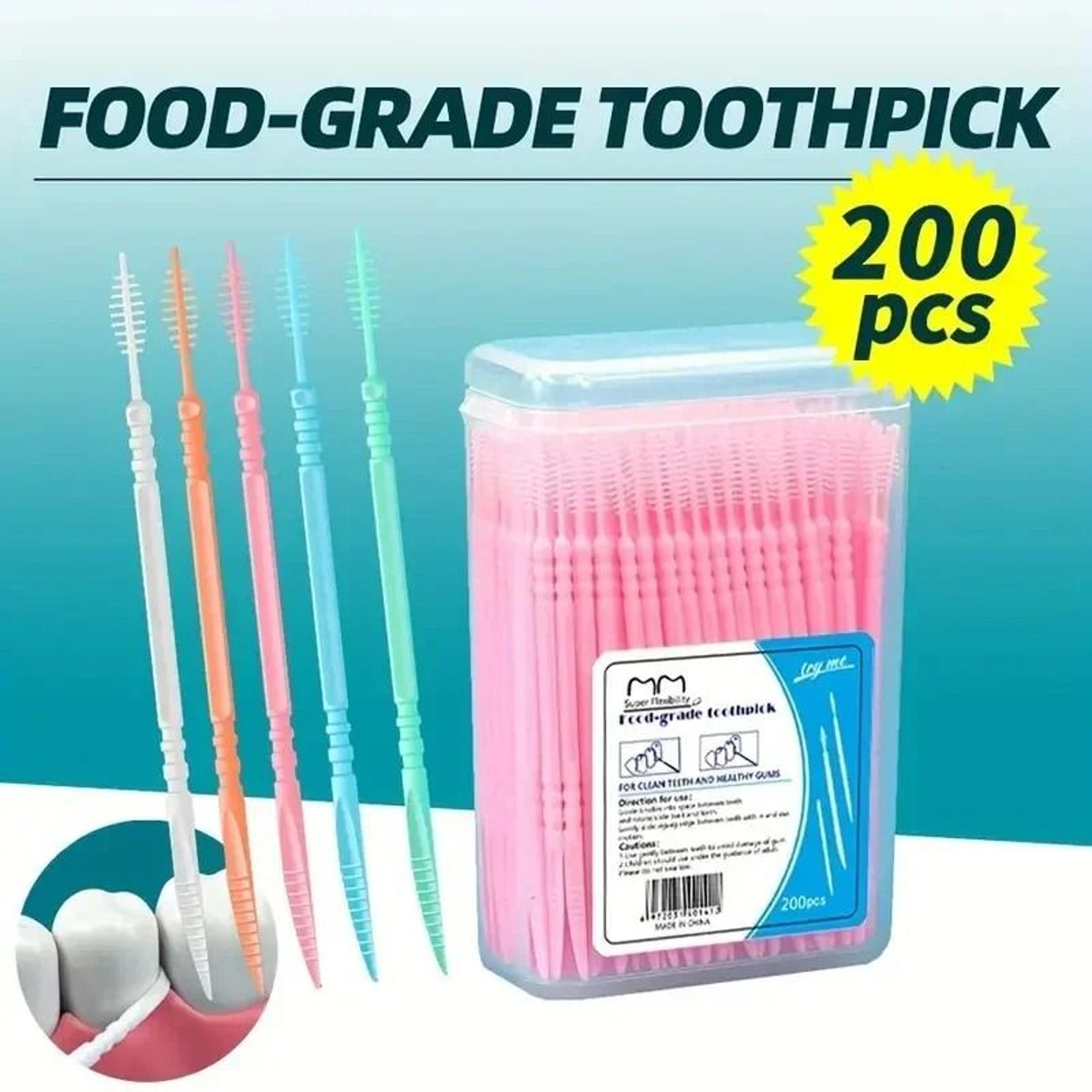 boxed disposable plastic toothpicks with interdental brush heads for daily dental care