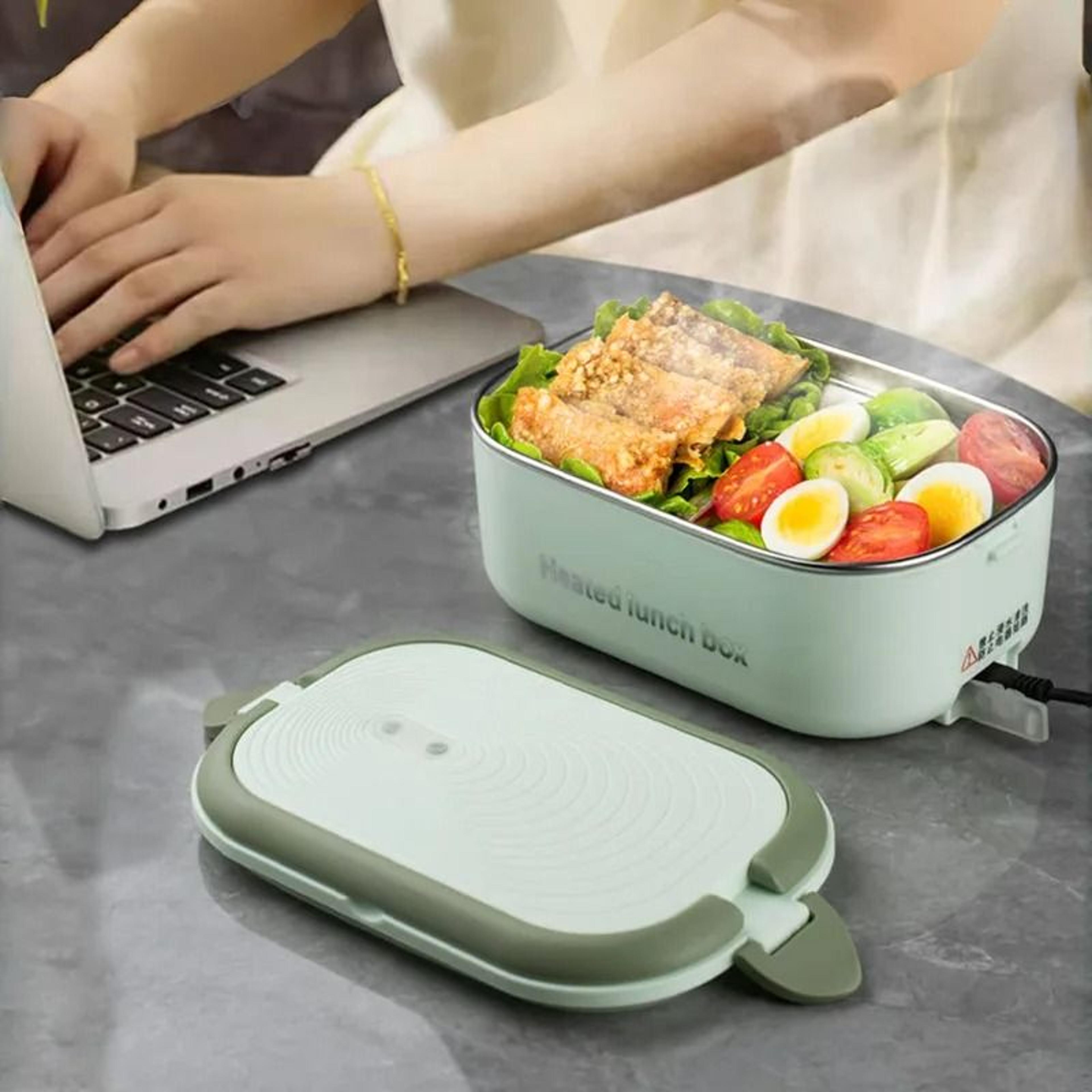 34 oz electric heated lunch box food warmer set – portable stainless steel bento container with bag & utensils