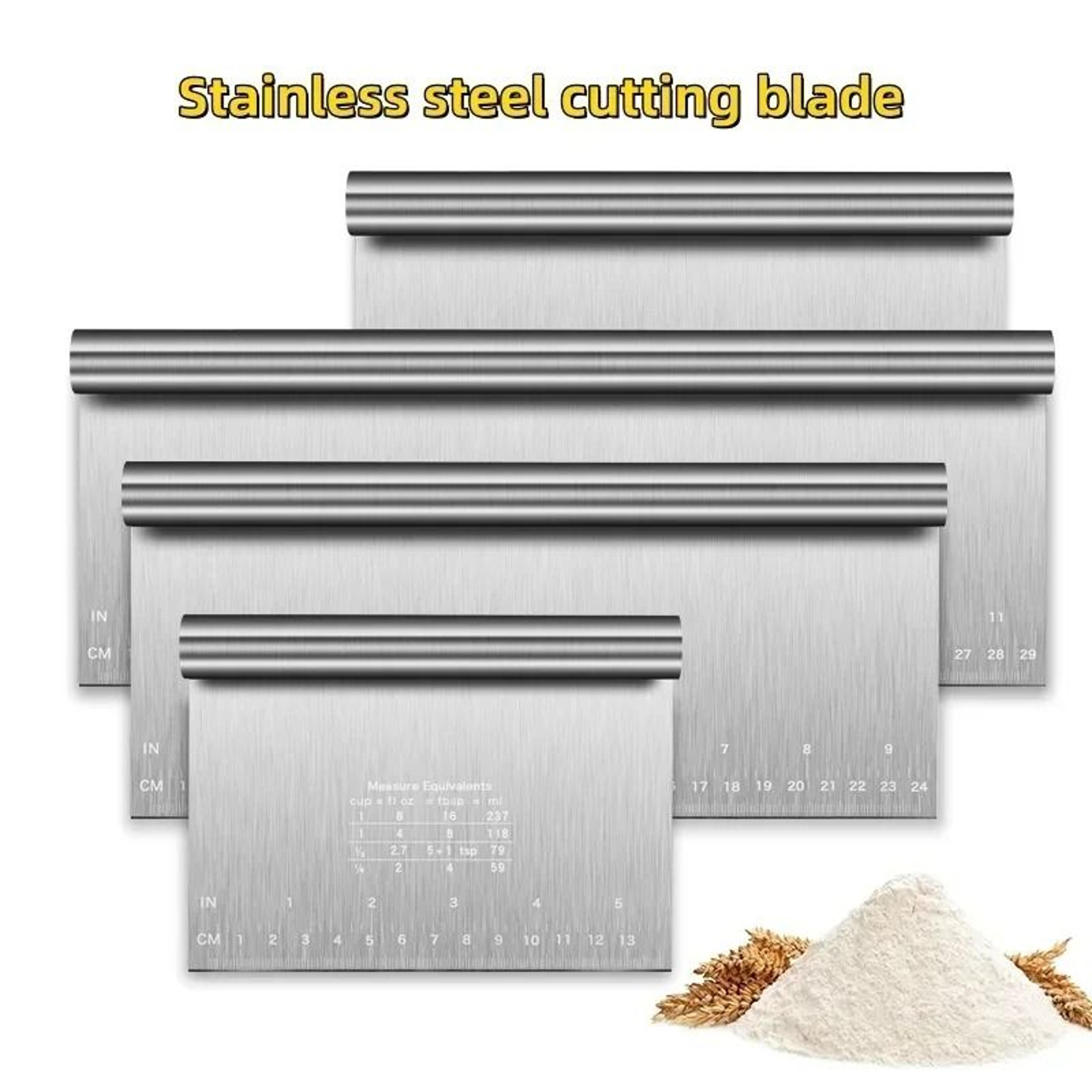 stainless steel cake scraper with measurement scale, dough cutter, and buttercream edge smoother tool for baking