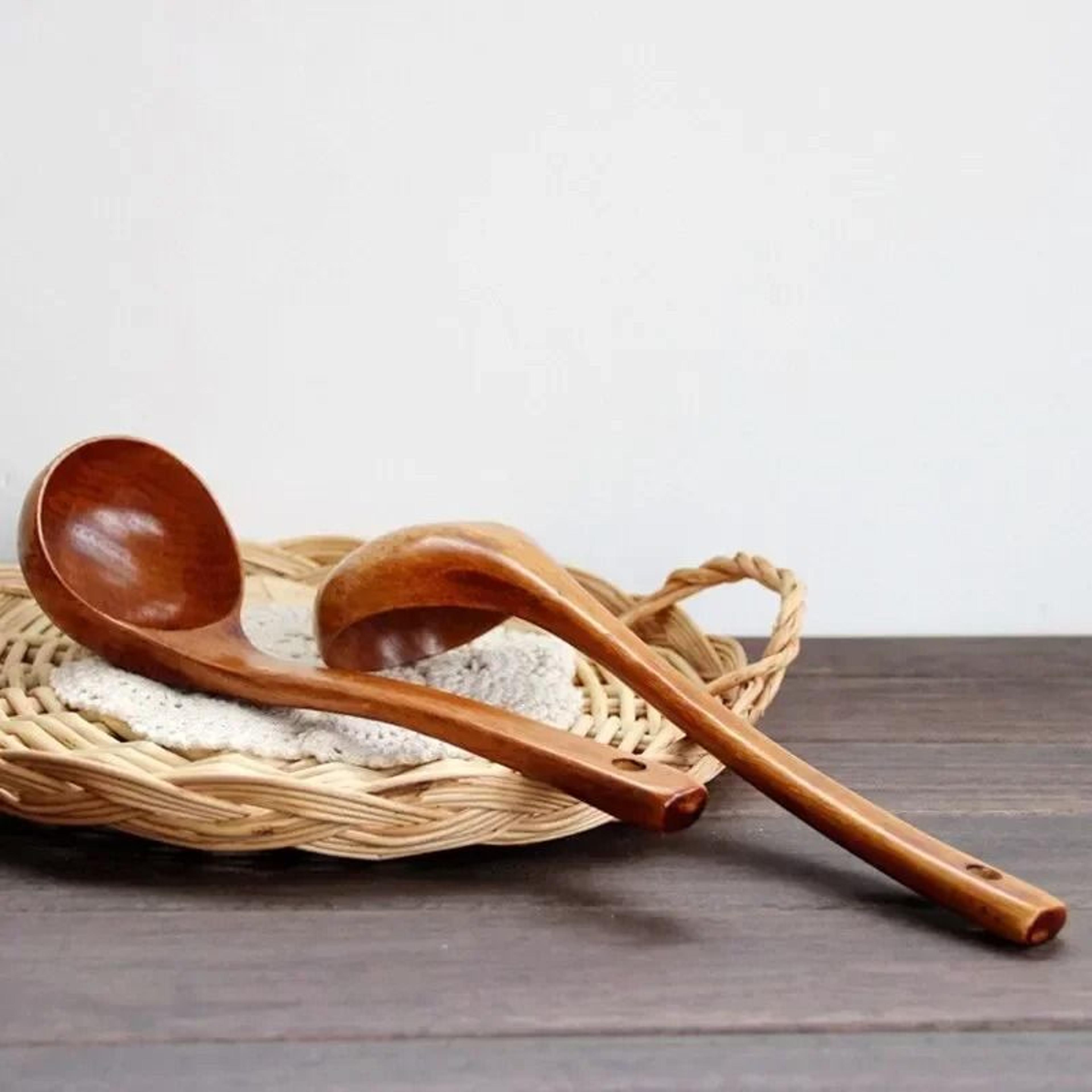 big natural nanmu wood long handle soup spoon for congee, cooking, and communal serving