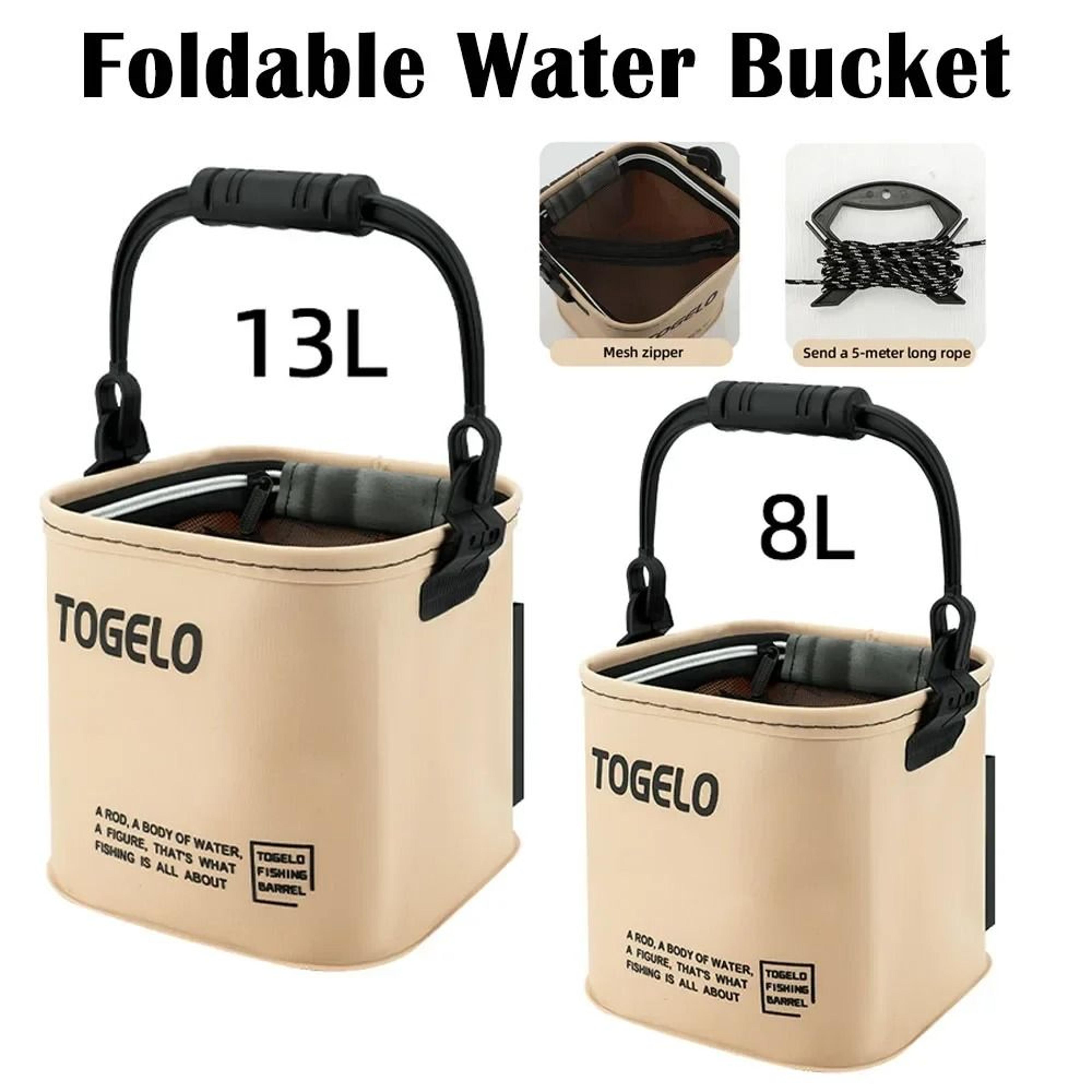 foldable outdoor fishing water bucket container with portable mesh zipper top
