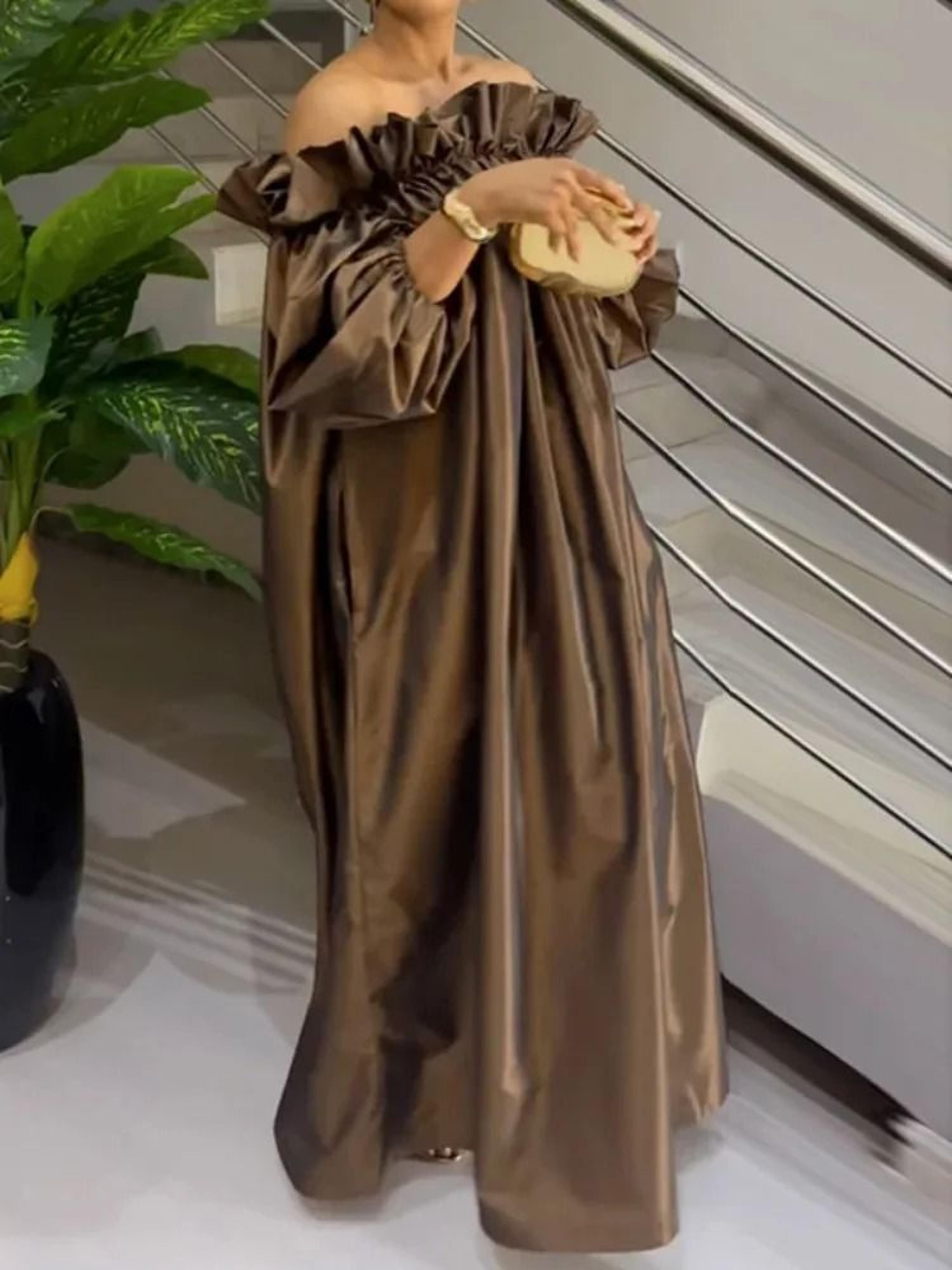 Summer Solid Color Elastic Off Shoulder Puff Sleeve Loose Maxi Dress 3