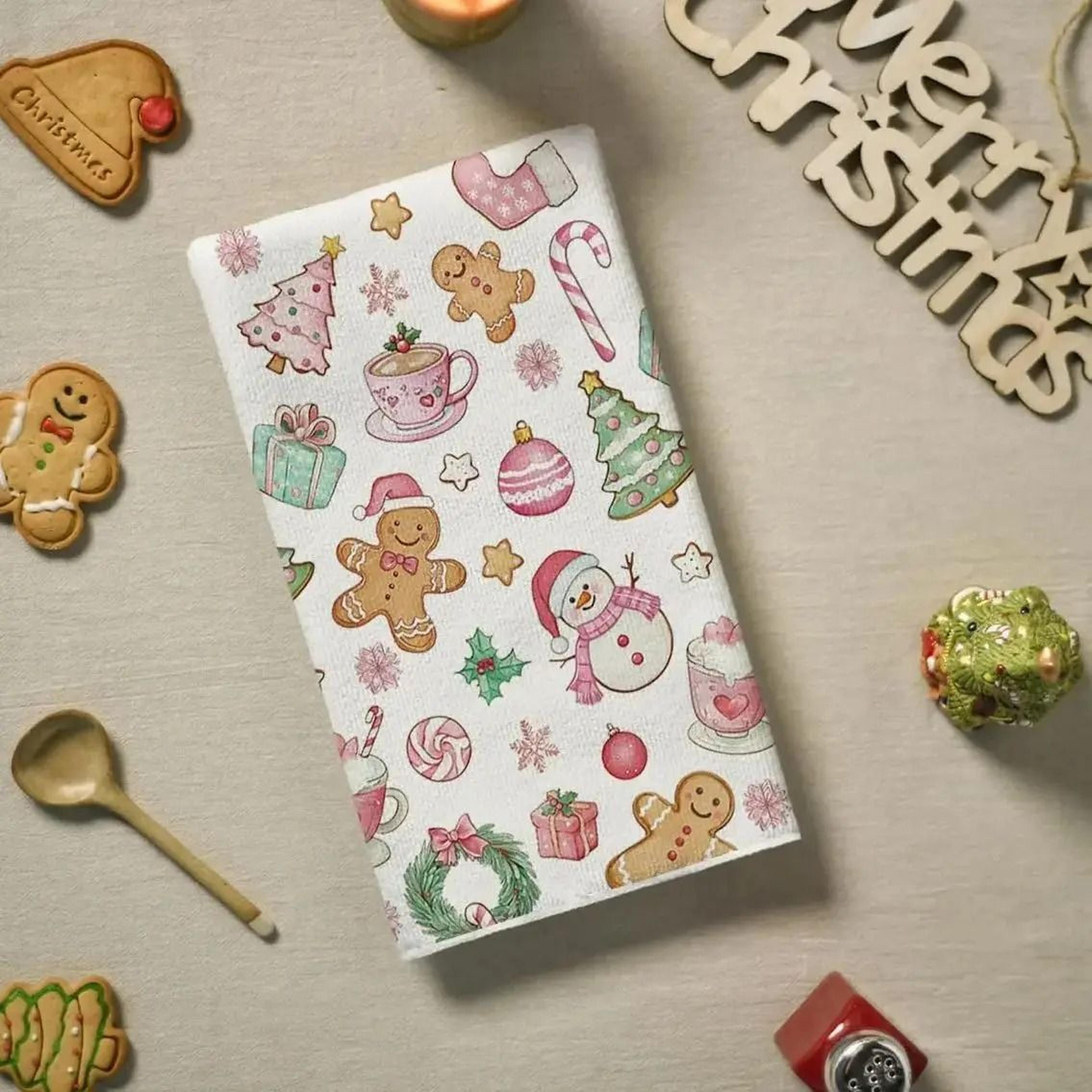 Pink Snowman Christmas Tree Kitchen Towels Soft Absorbent Tea Towels Set 4