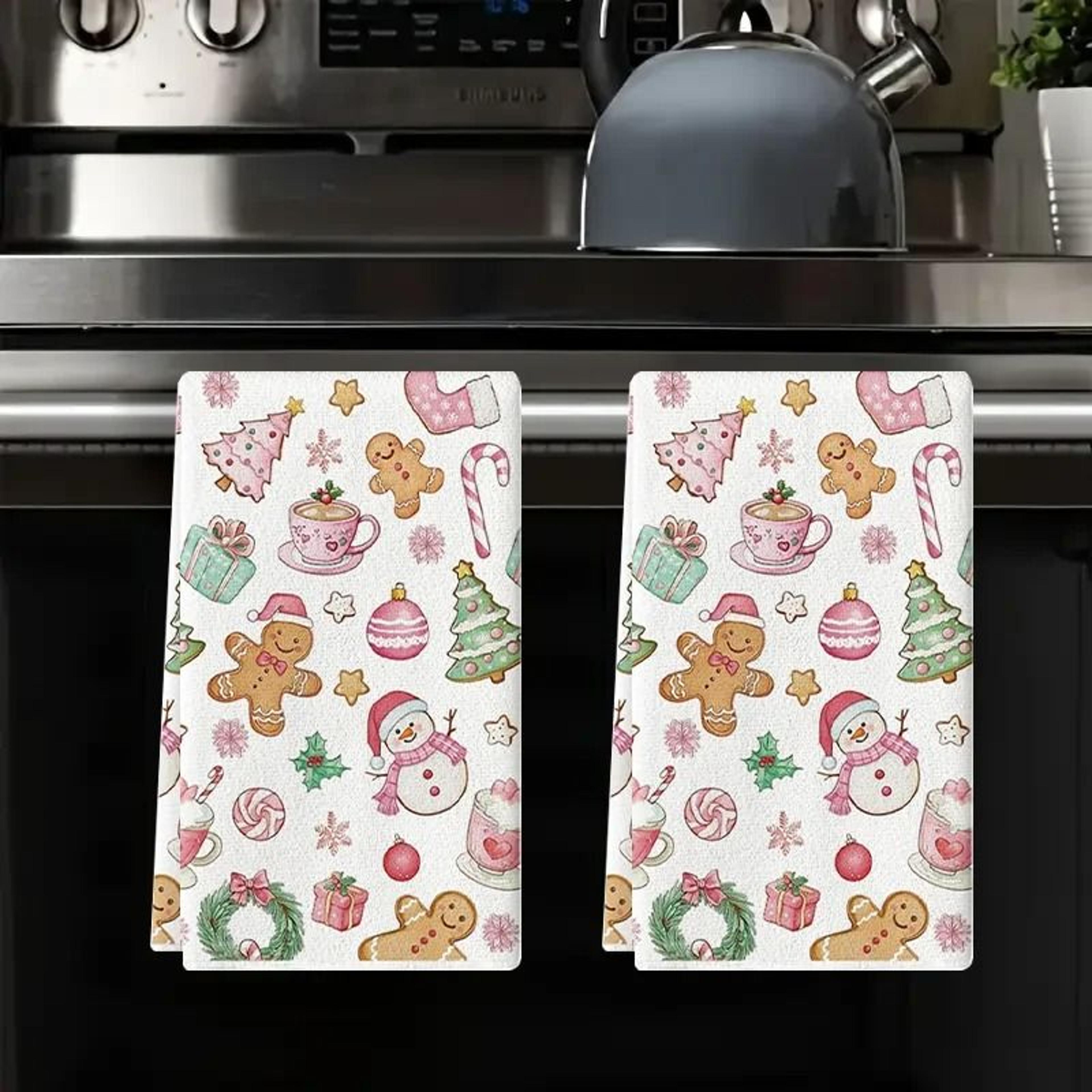 Pink Snowman Christmas Tree Kitchen Towels Soft Absorbent Tea Towels Set 1