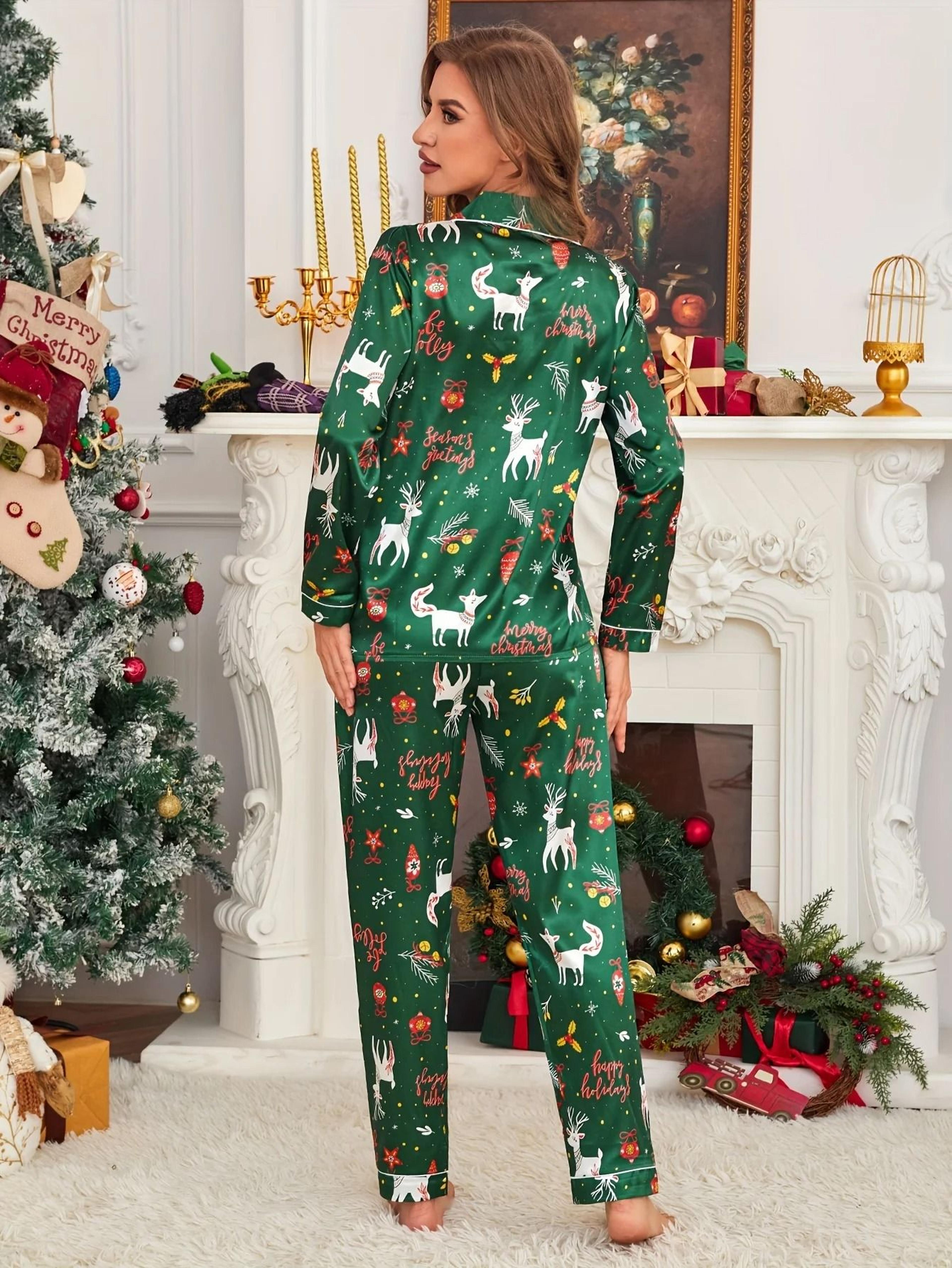 Christmas Reindeer Print Satin Pajama Set Adult Holiday Long Sleeve Loungewear 1
