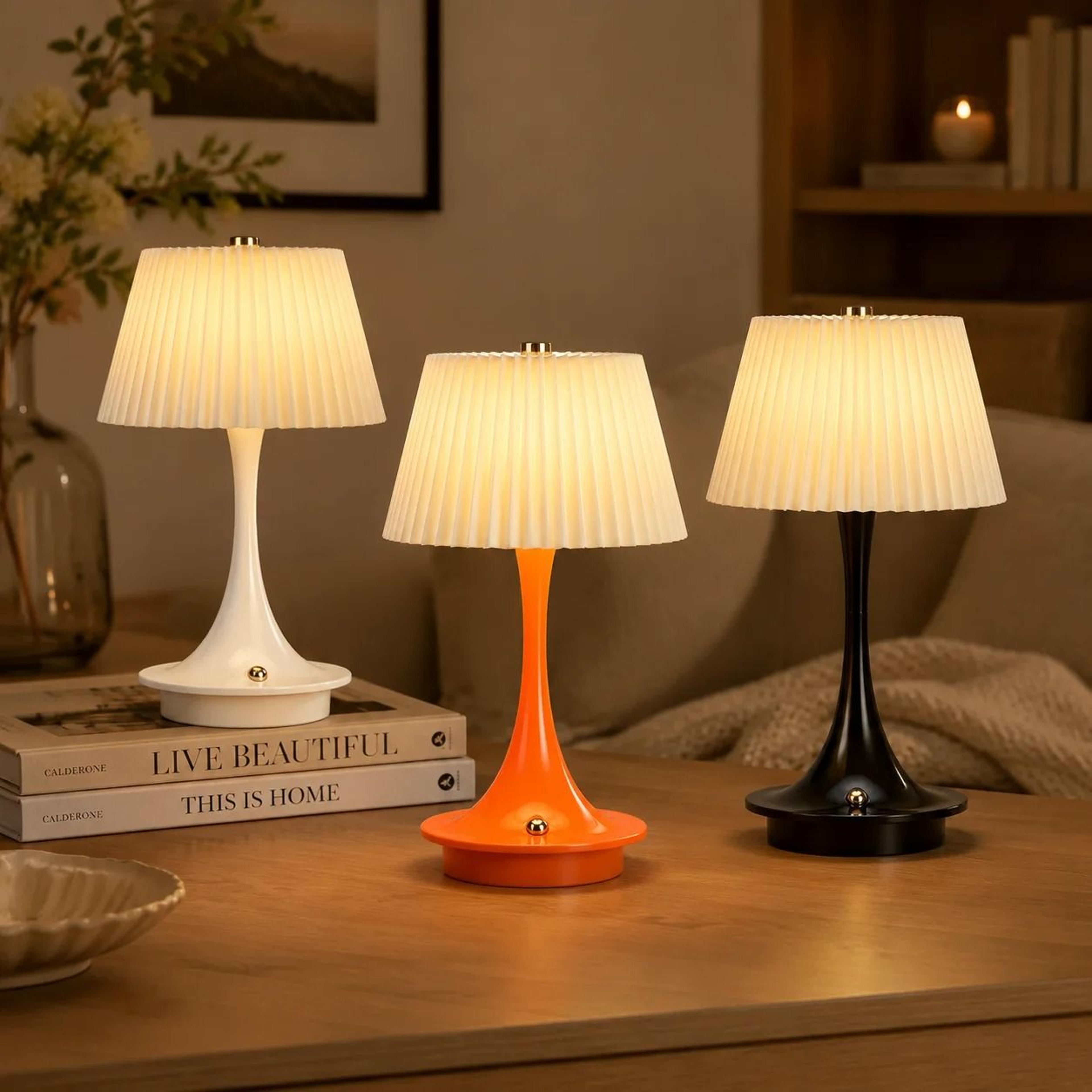 modern pleated fabric table lamp three-color lights wireless rechargeable touch control cafe decor