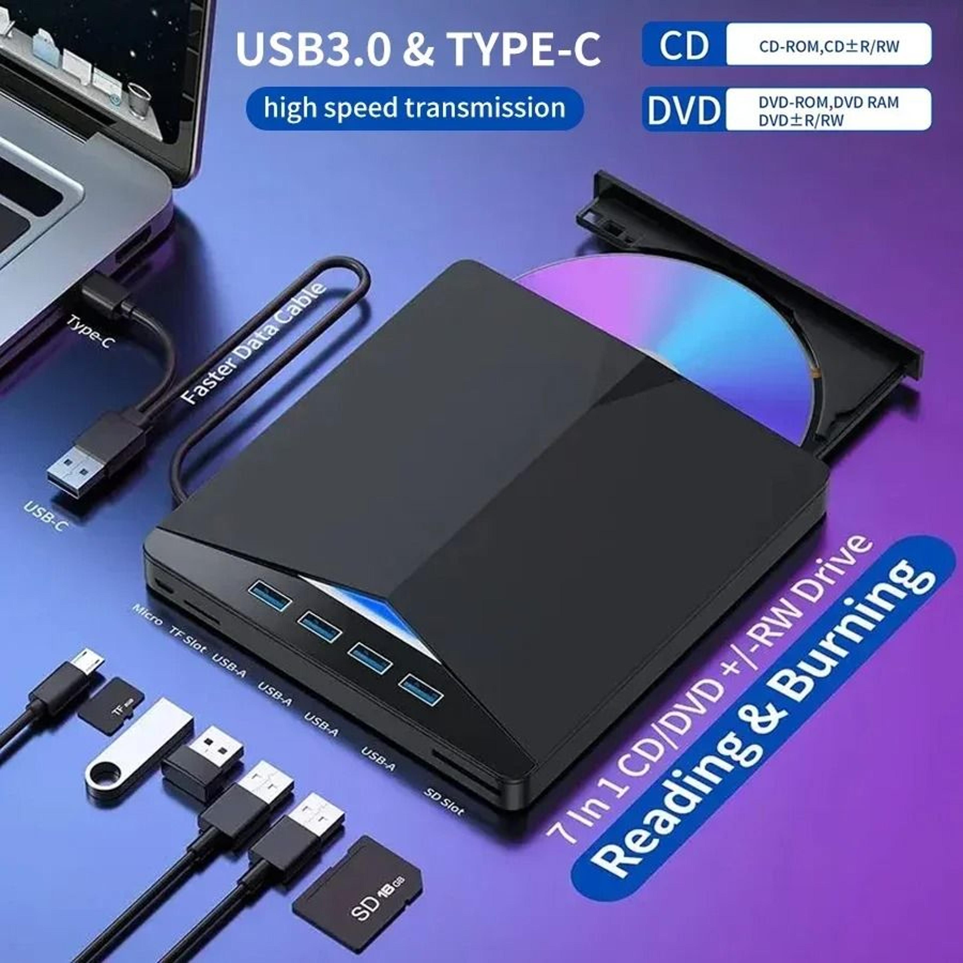 7 In 1 USB 30 Type C External DVD CD RW Drive Tray Style DVD Burner Reader Player For Laptops And D 1
