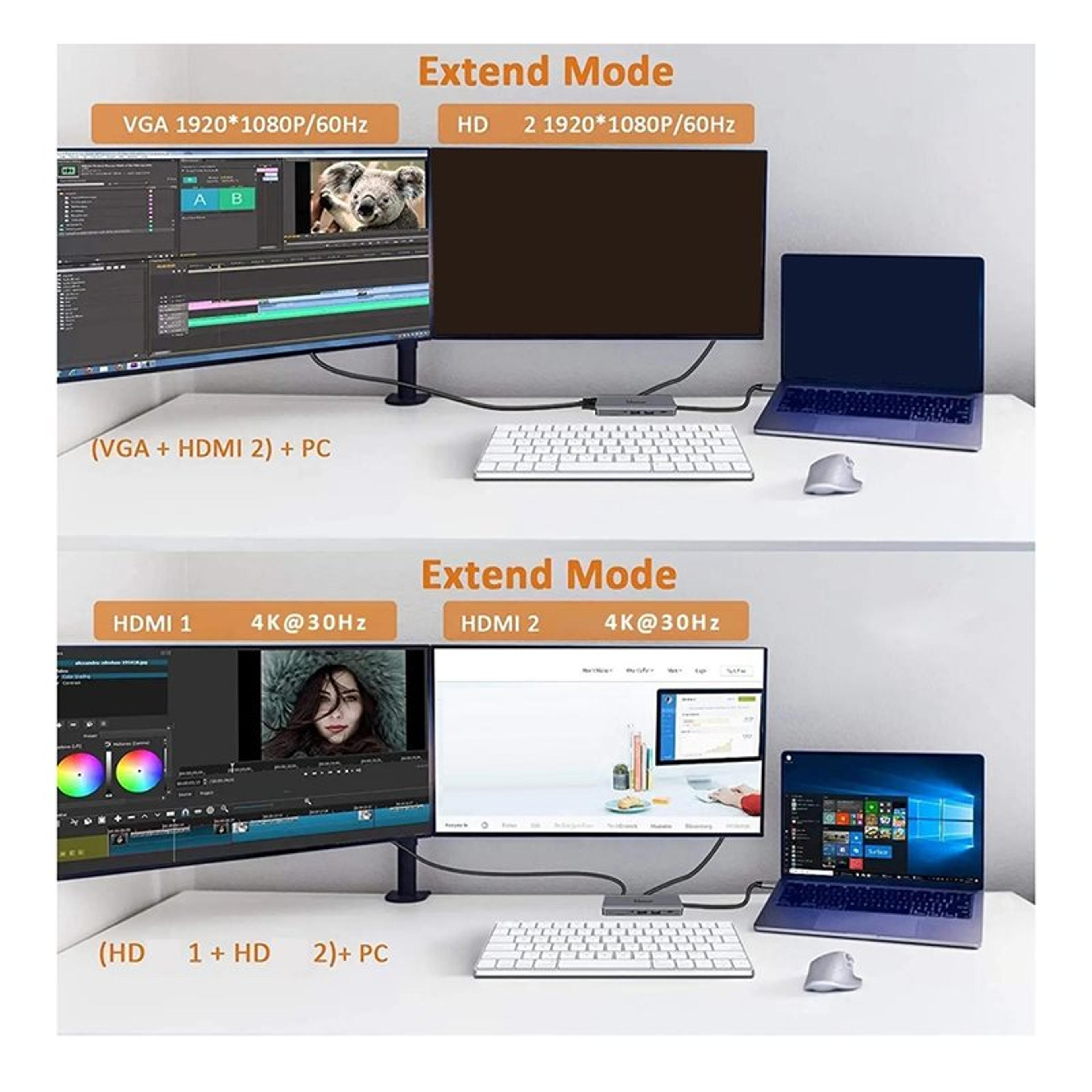 USB C Hub Triple Display Laptop Docking Station With HDMI VGA Ethernet PD 5