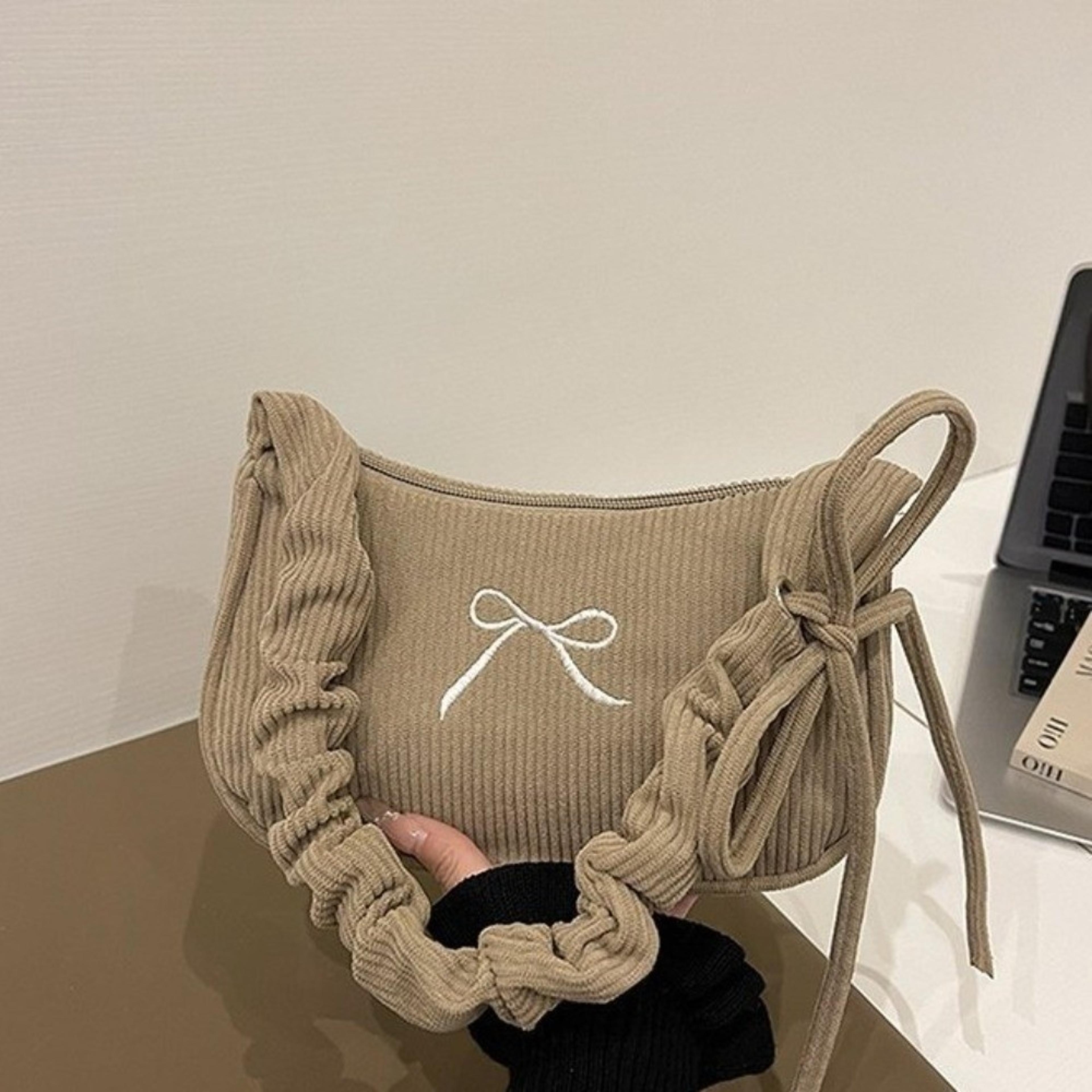 Corduroy Bow Shoulder Bag Cute Ruched Underarm Handbag With Adjustable Strap 7