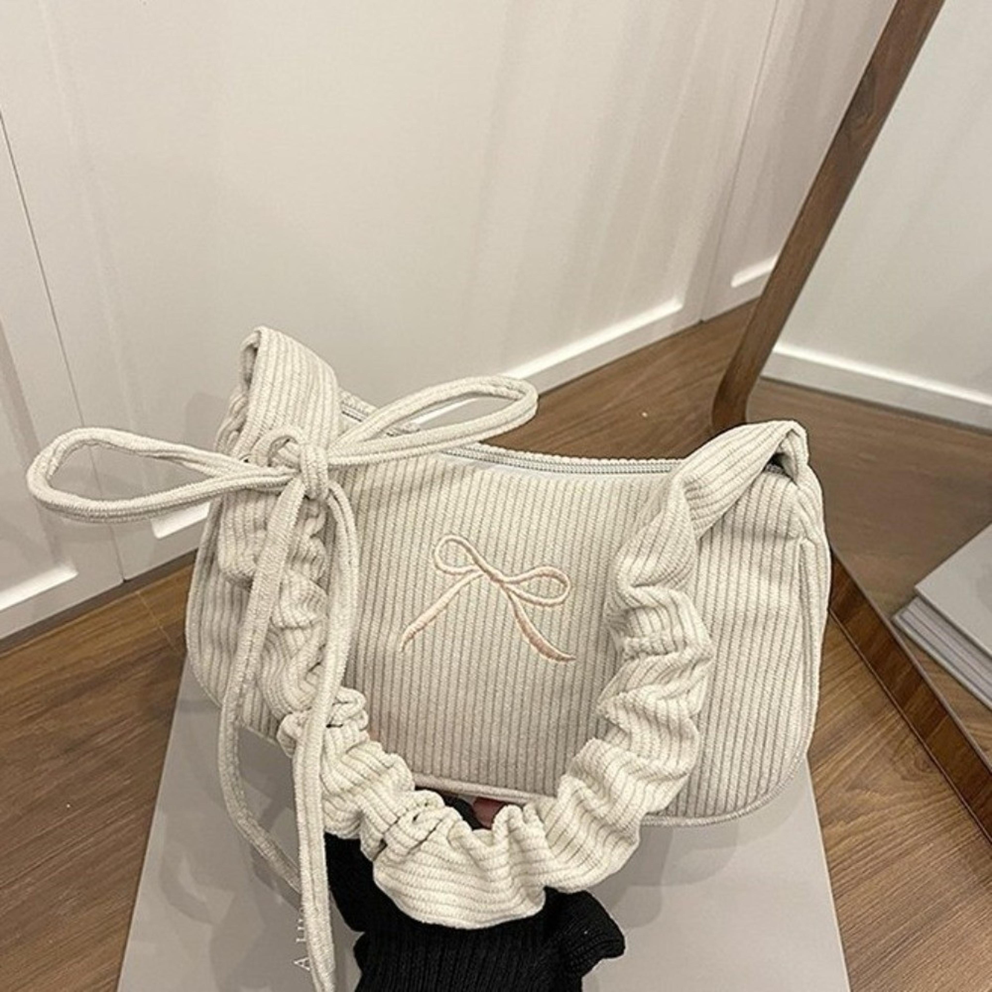 Corduroy Bow Shoulder Bag Cute Ruched Underarm Handbag With Adjustable Strap 8