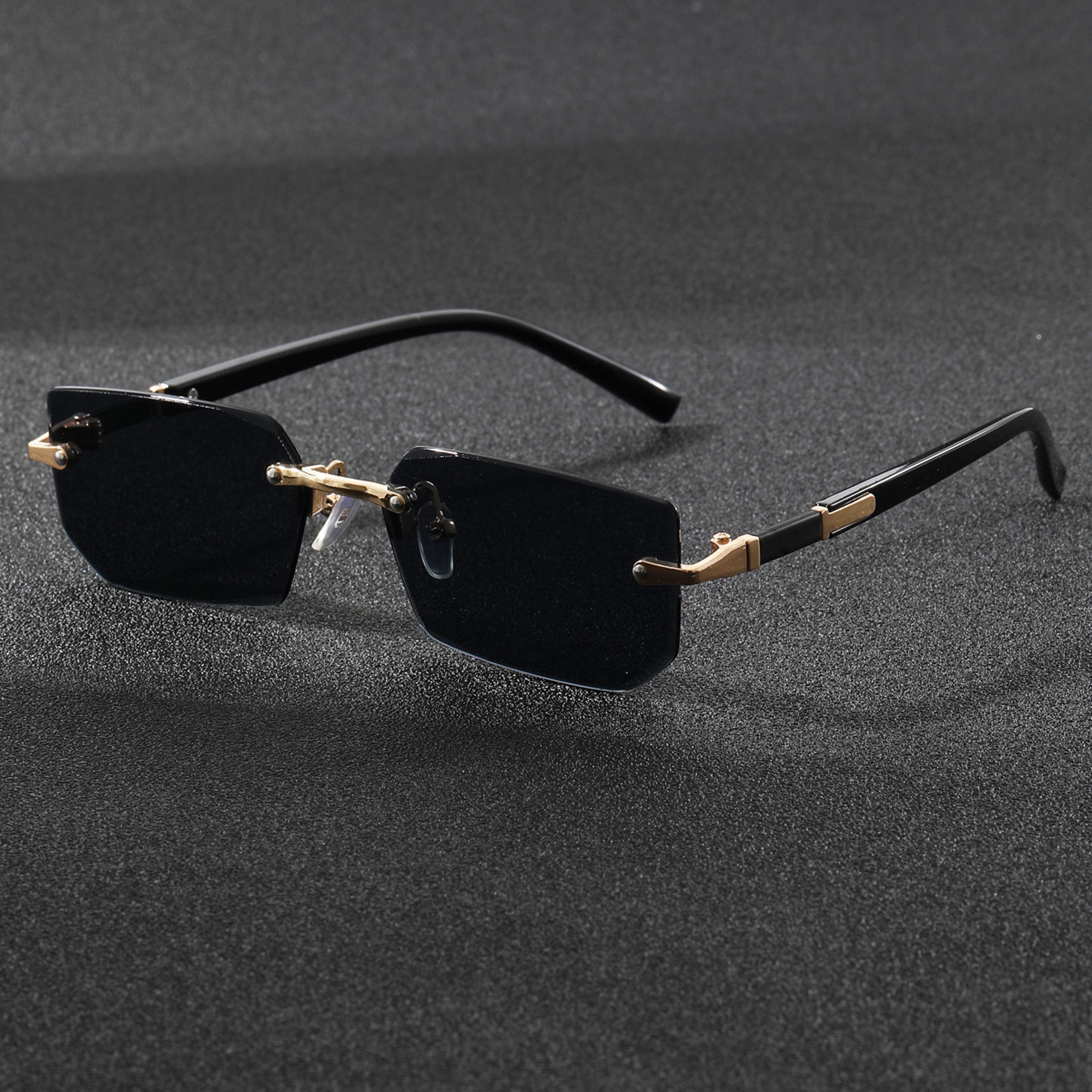 Mens Rimless Polygon Sunglasses Gold Black UV Protection Eyewear 3