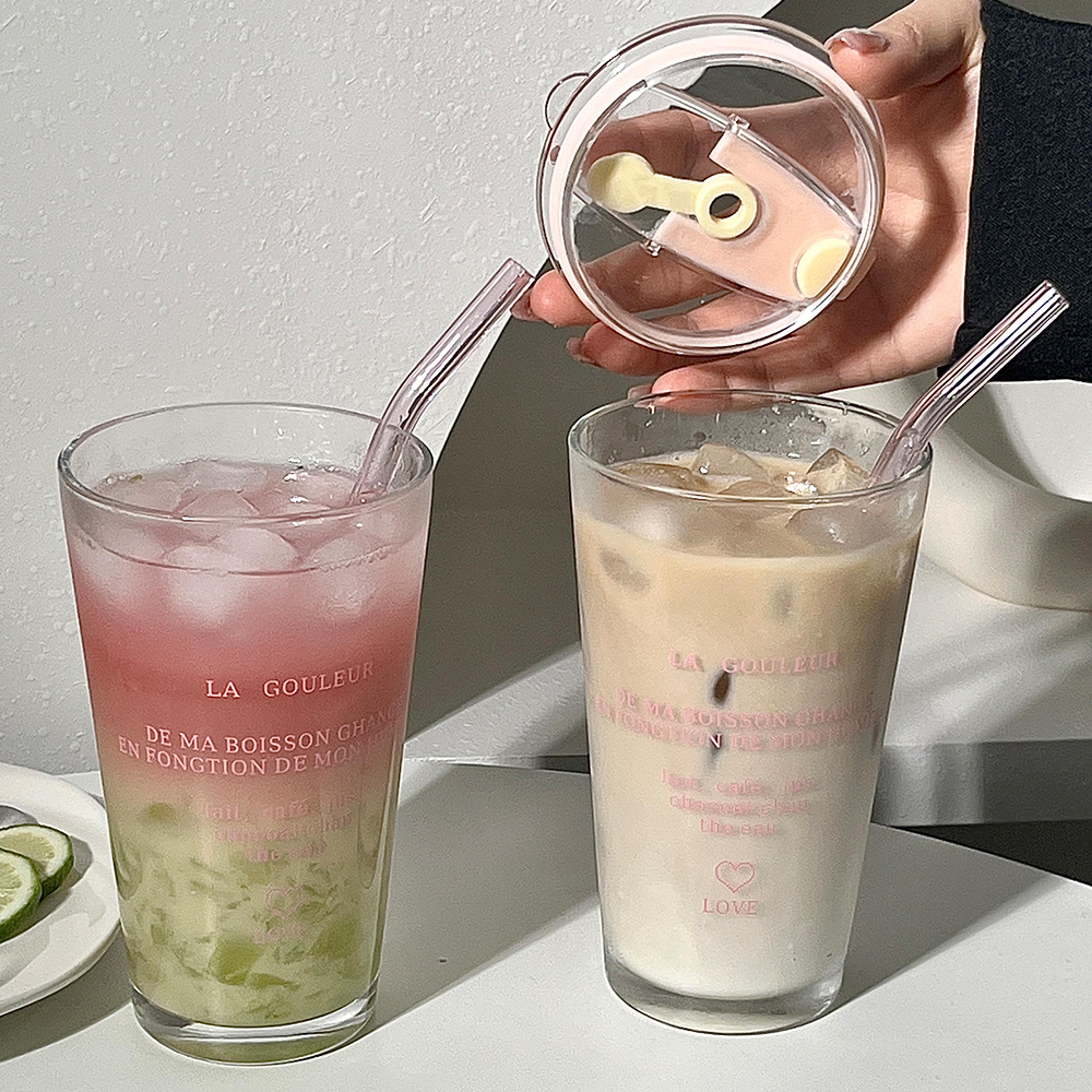 Cute Glass Tumbler With Straw And Lid Transparent Bubble Tea Cup Iced Coffee Juice Tea Glass Letter 4