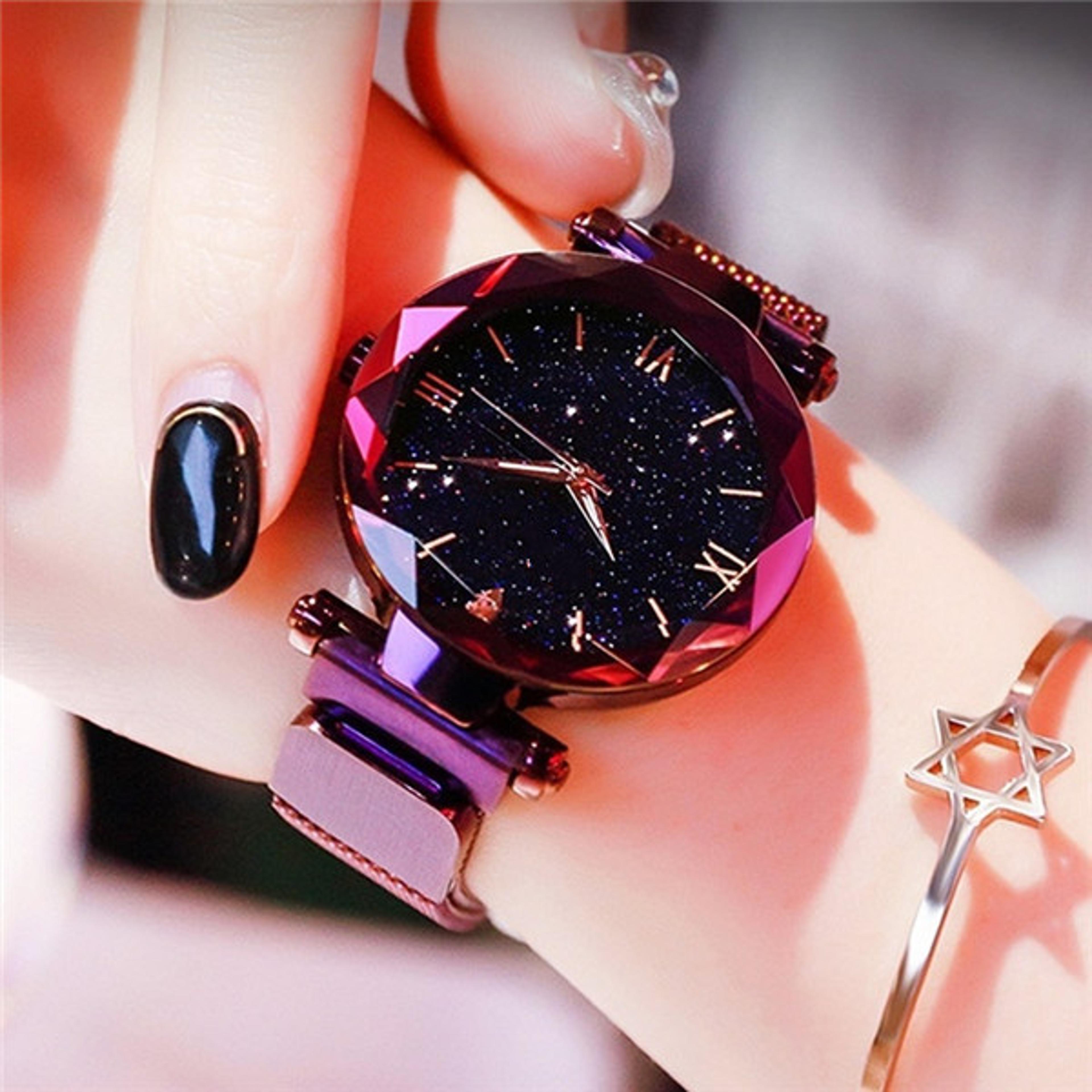 Women Dress Clock Diamond Quartz Watch Starry Sky Mesh Belt Magnet Buckle Watch 6