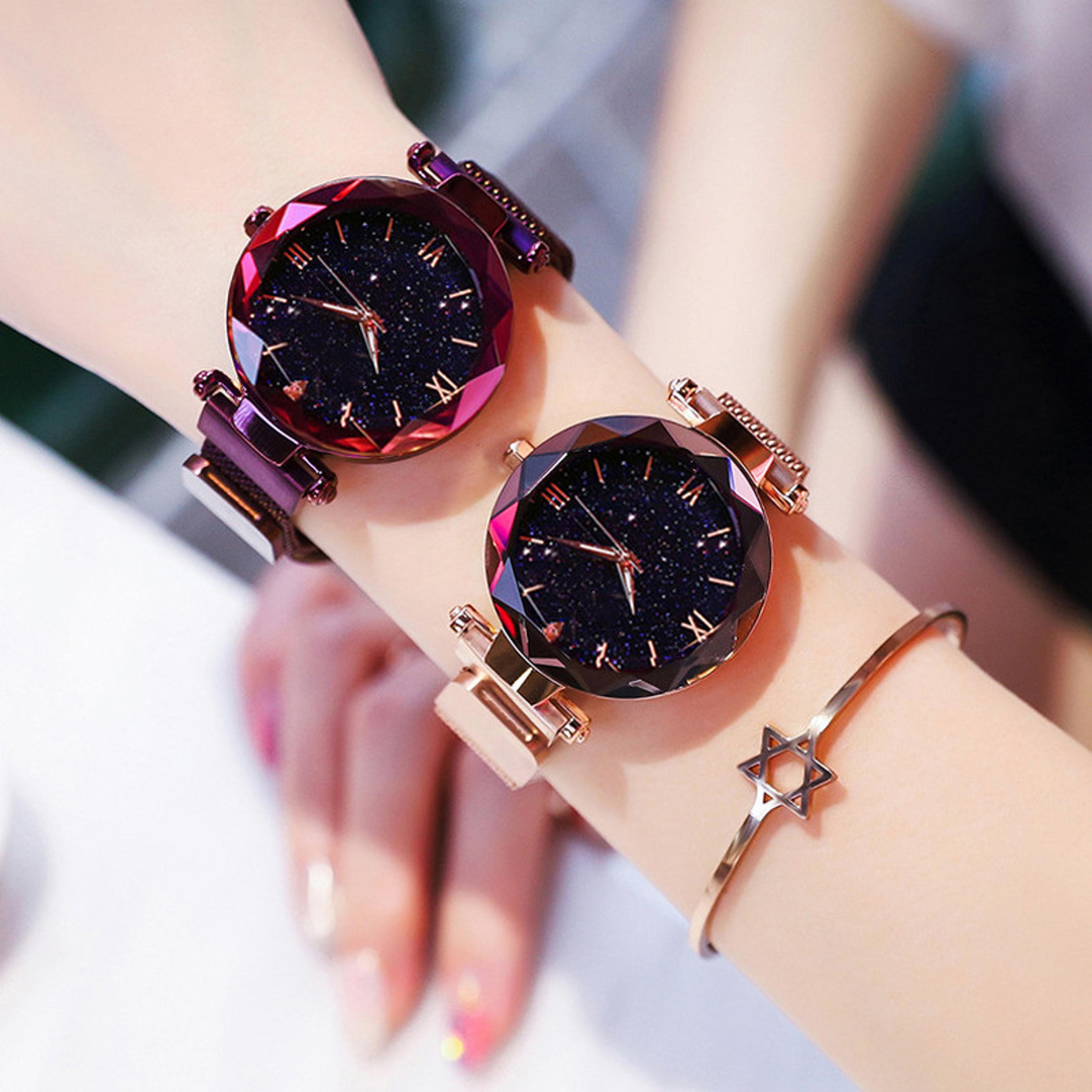 women dress clock diamond quartz watch starry sky mesh belt magnet buckle watch