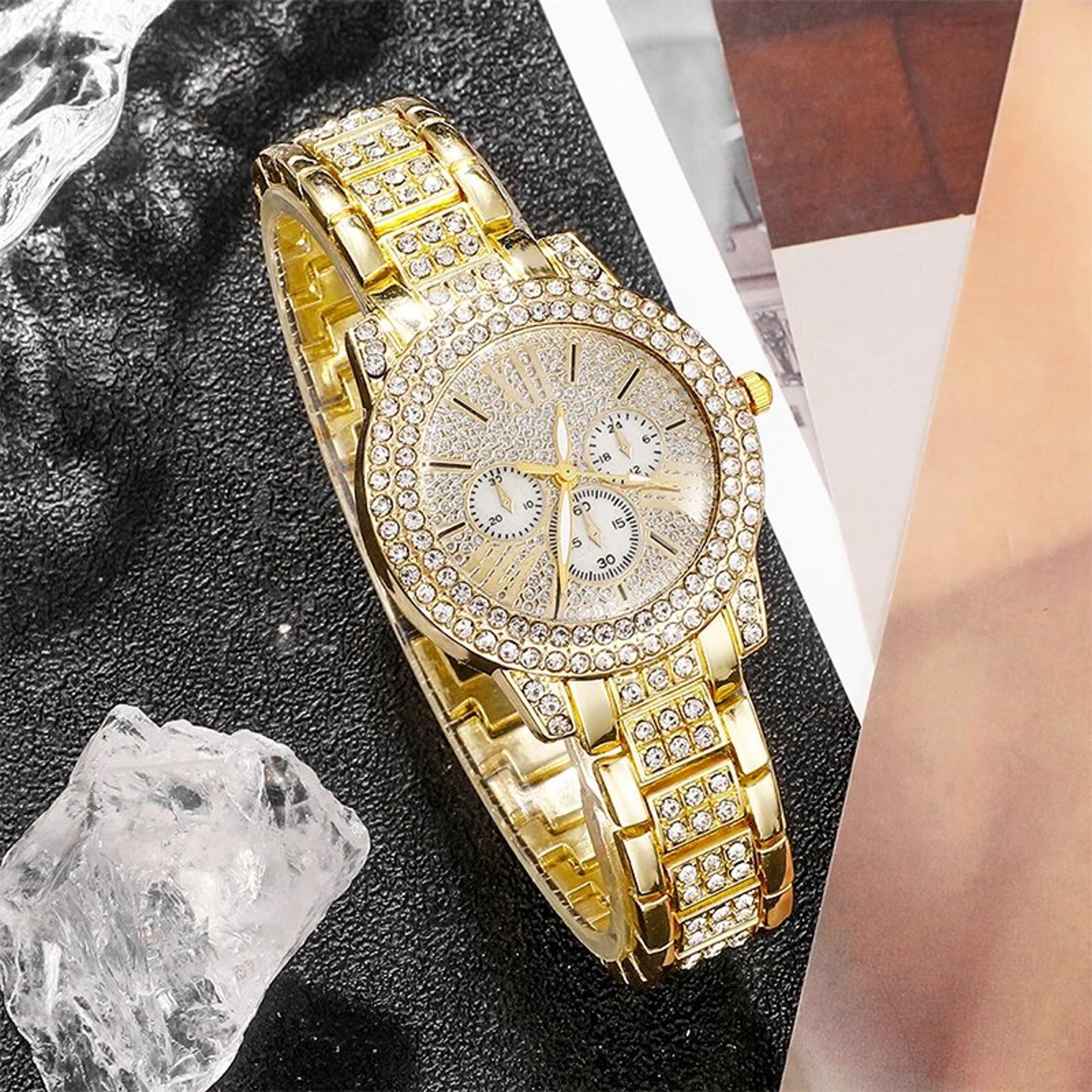 Gold Luxury Womens Quartz Watch Jewelry Set Ring Necklace Earring Rhinestone Fashion Wristwatch Cas 6