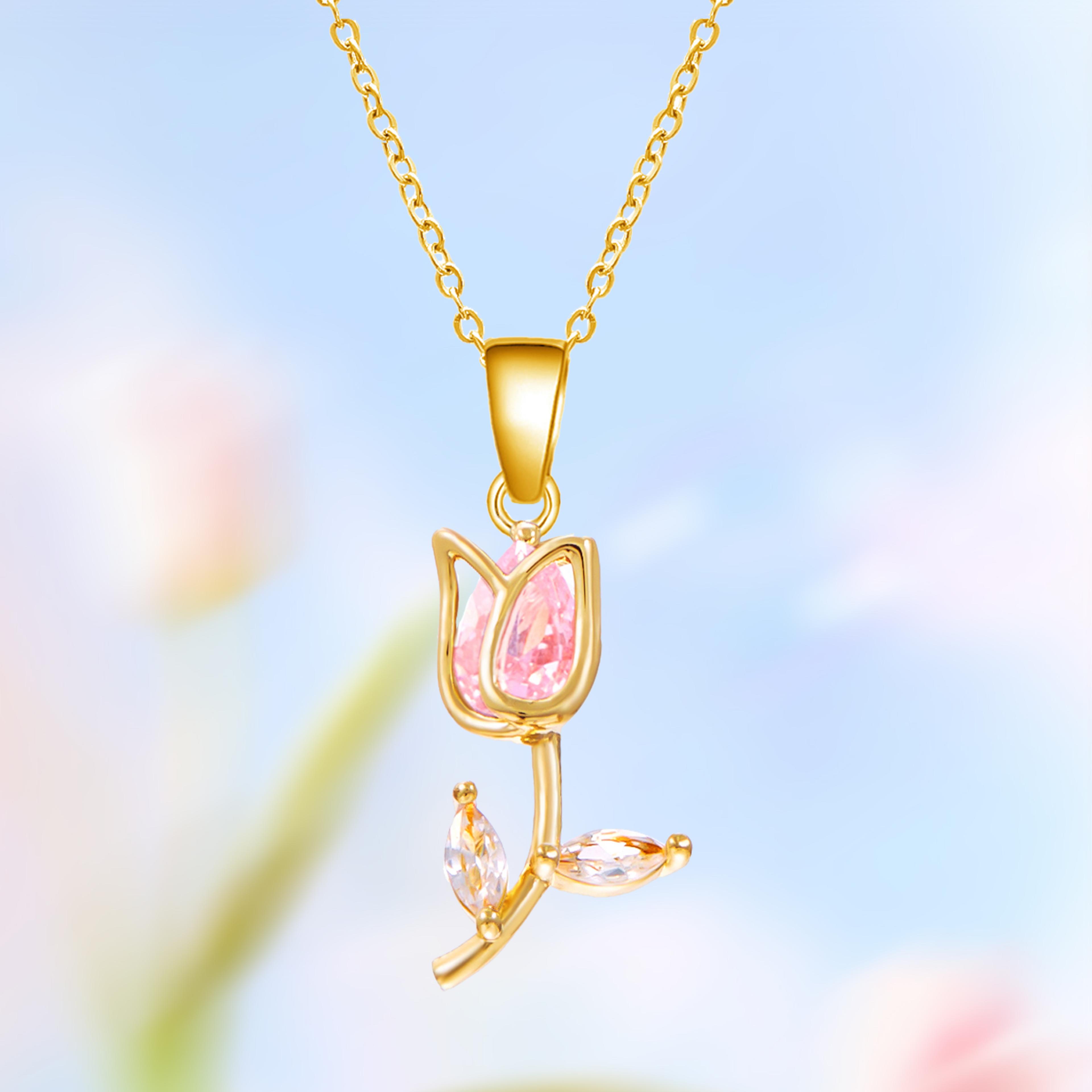 Elegant Stainless Steel Clavicle Chain Light Luxury Zircon Tulip Flower Pendant Necklace For Women  8