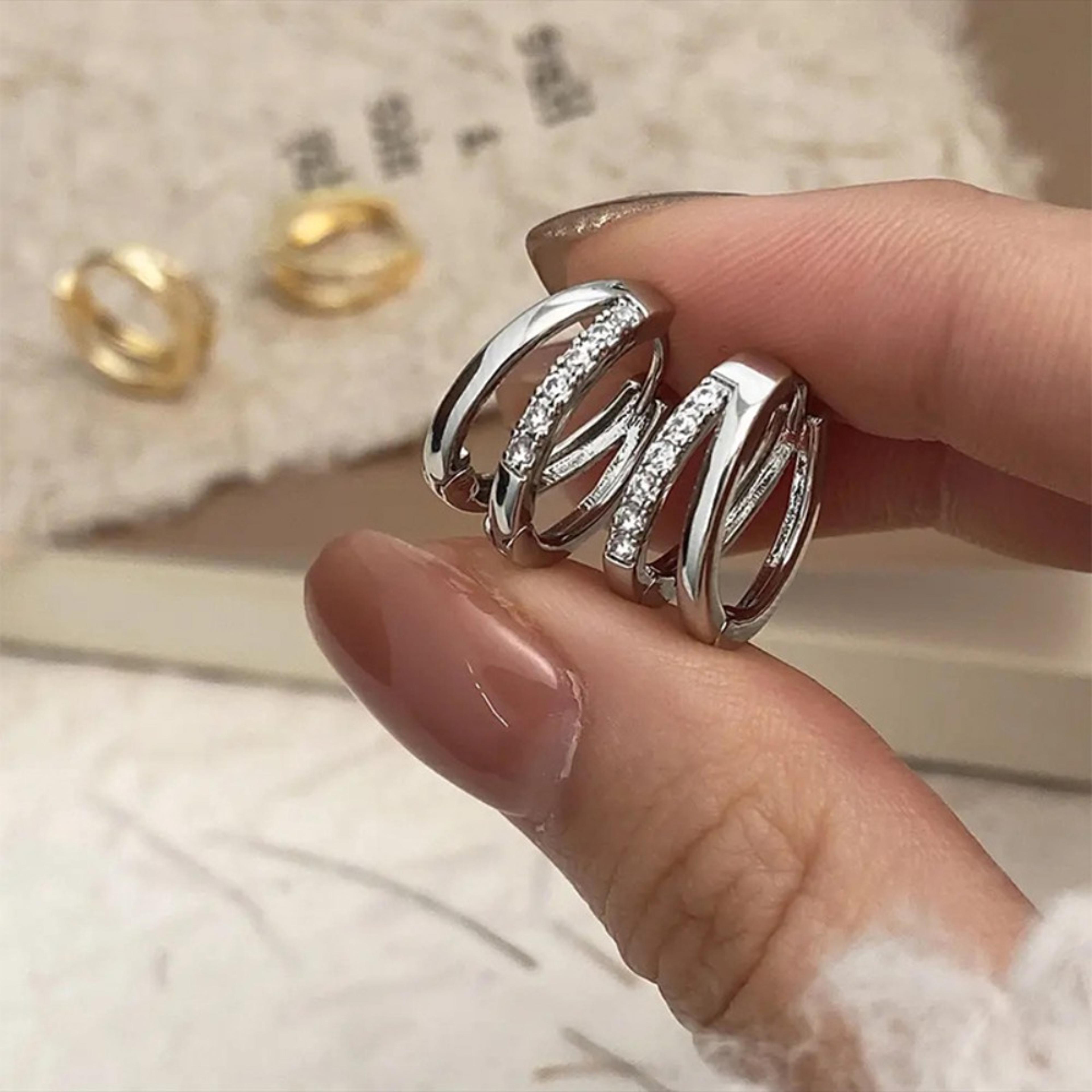 Shiny Zircon Double Circle Crossing Hoop Earrings For Women Stainless Steel Geometric Jewelry Gift 3