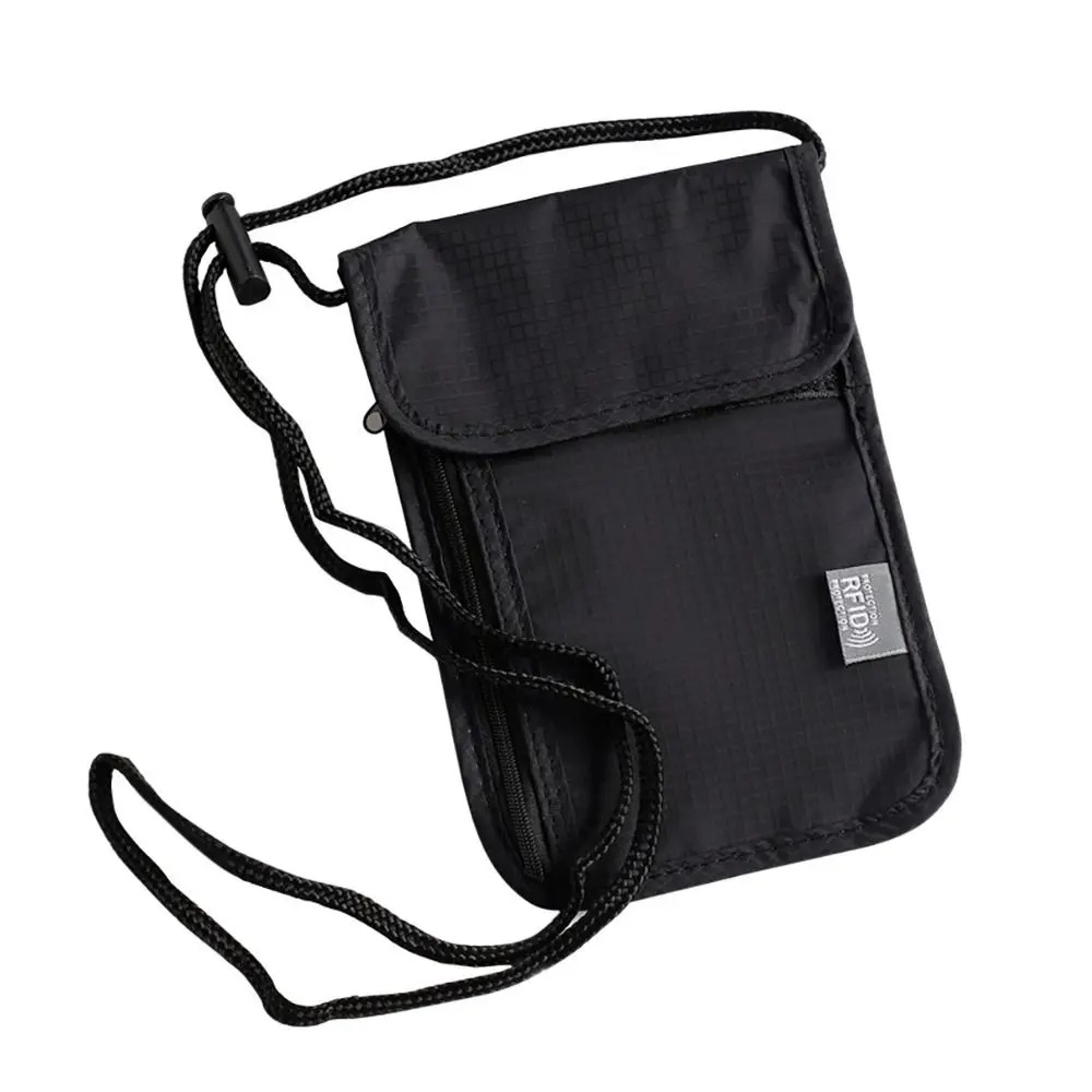 black waterproof nylon travel storage bag, card neck wallet, money and passport pouch, travel document organizer