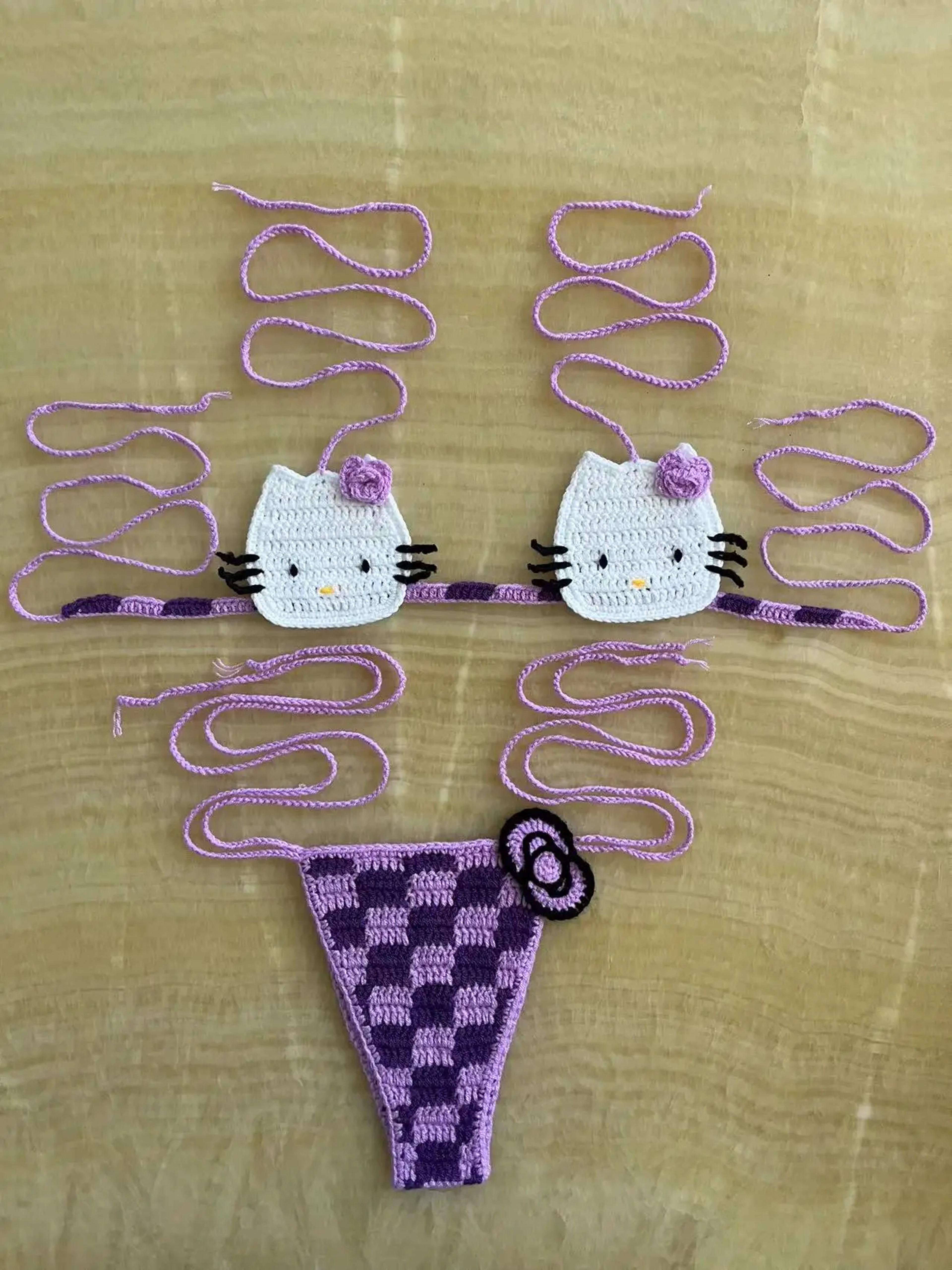 Hello Kitty Sexy Swimsuit Crochet Bikinis Set Thongs Bathing Suit Cute Ladys Micro Bikini Womens Sw 9