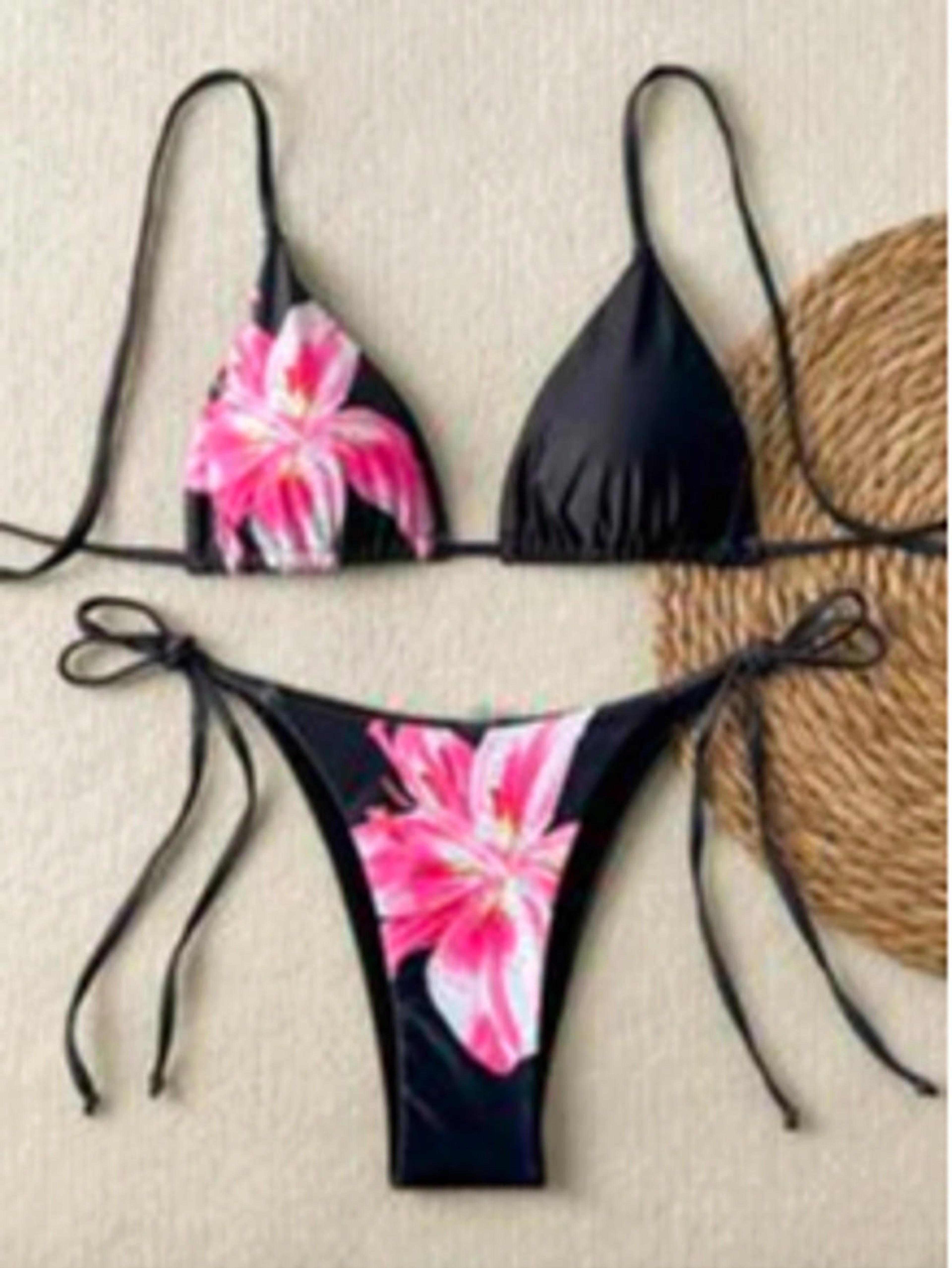 Sexy Printed Leopard Print Bikini Set LaceUp Top  Triangle Swim Trunks For Women 2