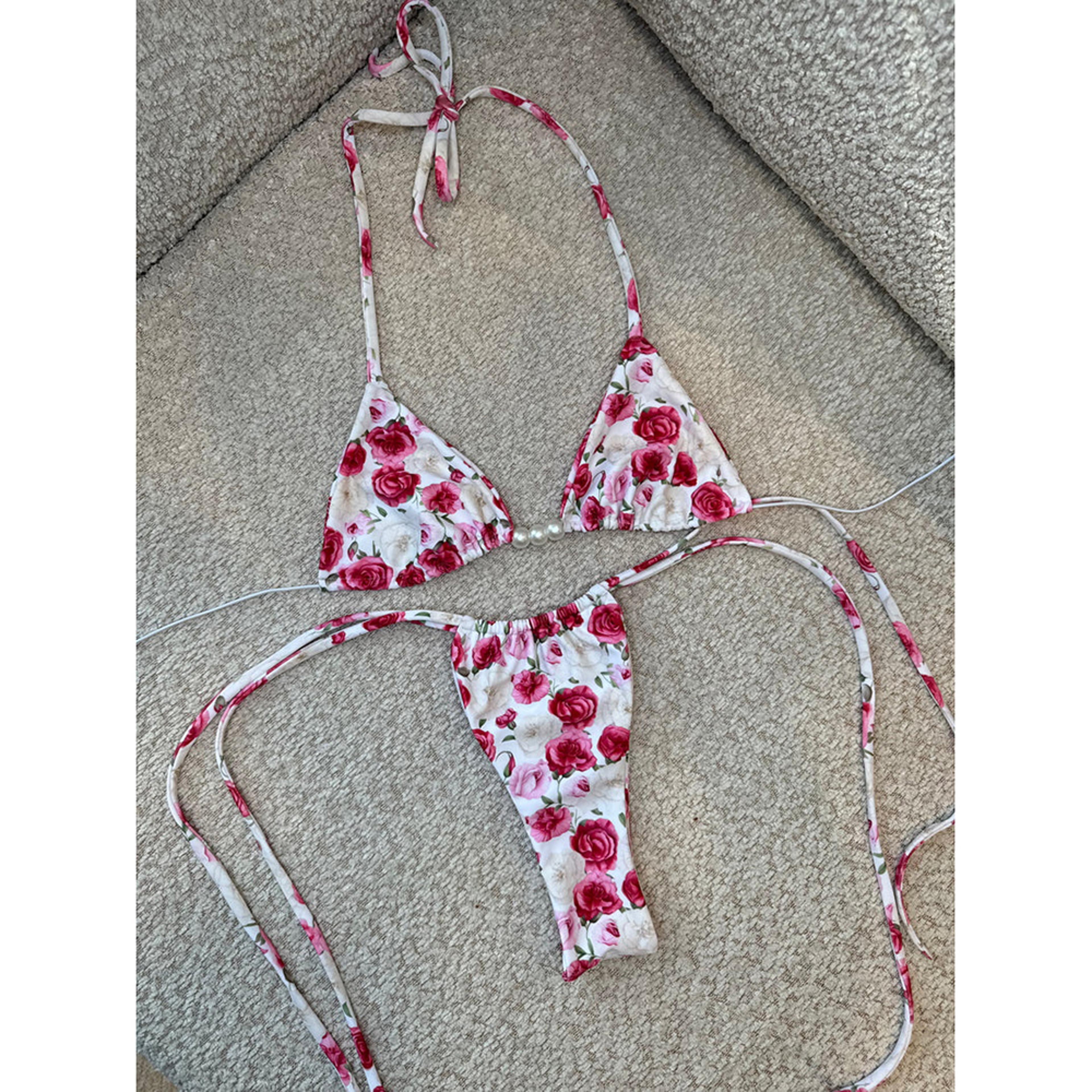 Sexy Micro Bikini Swimwear Women Push Up Bikini Set Luxury Print Halter Pearl Beachwear 2