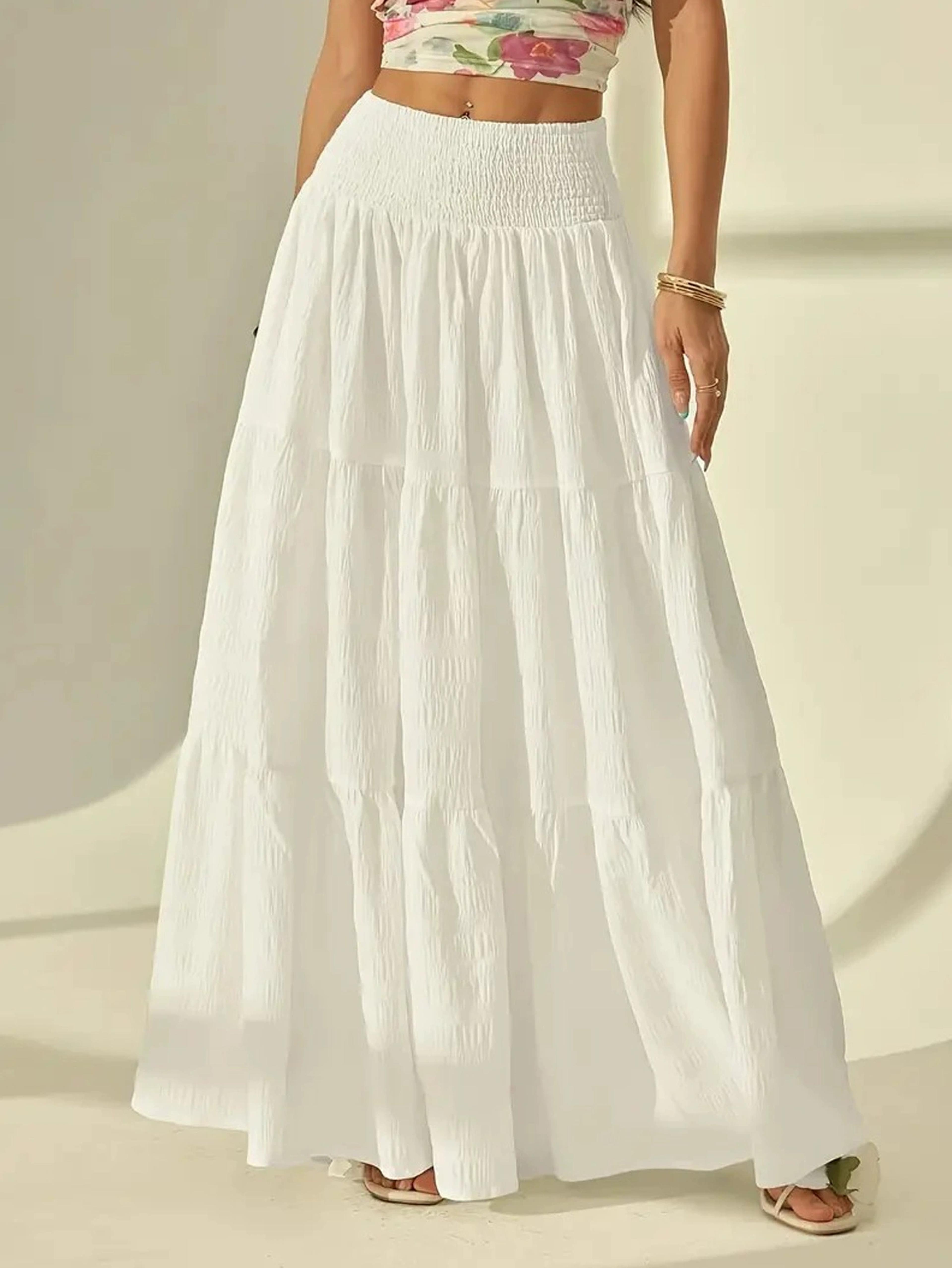 Elastic Waist Women Fashion Tiered Maxi Skirt Aline Casual Solid Color Faldas Mujer Streetwear Long 4