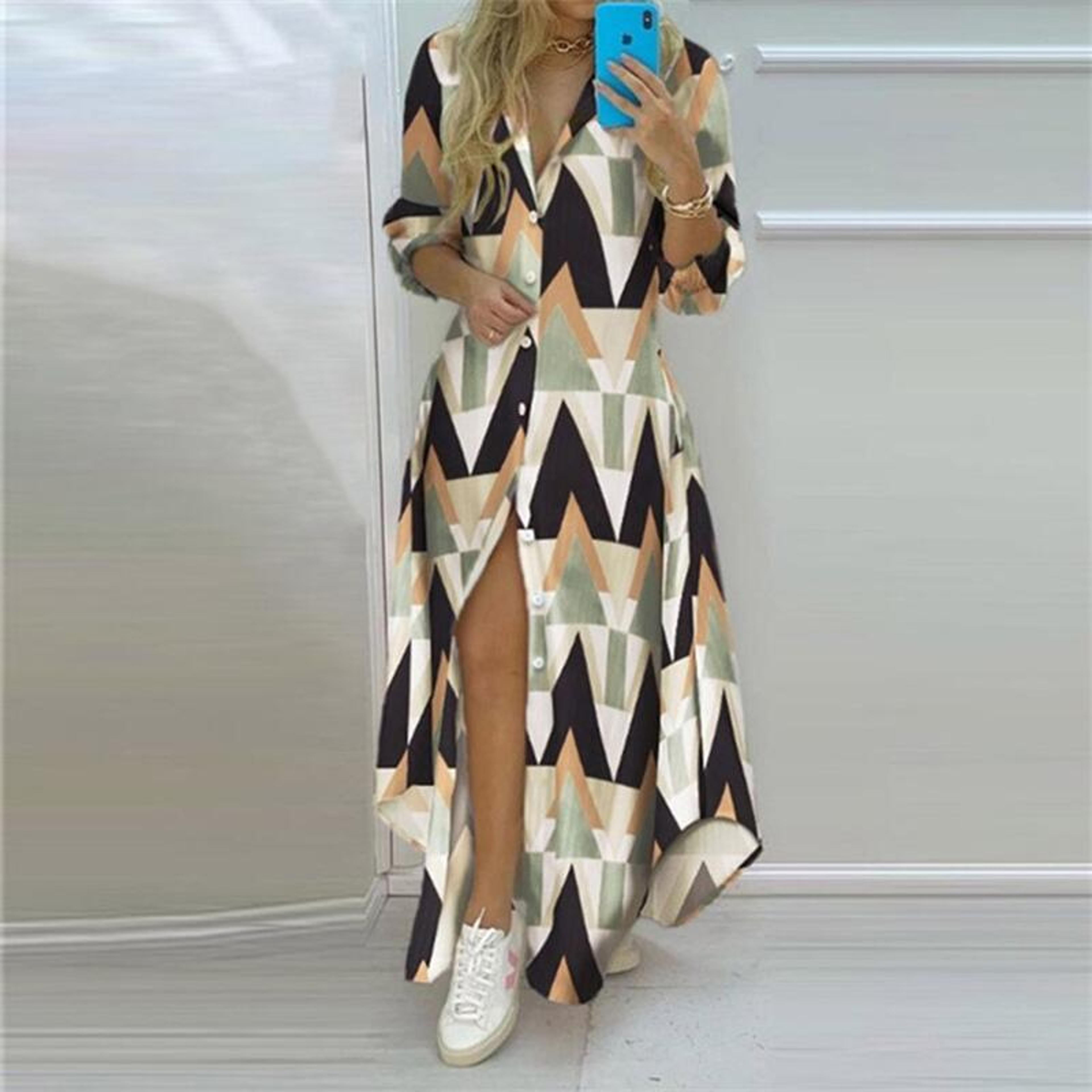 Summer Women Boho Printed Maxi Dresses Turndown Collar Long Sleeve Casual Split Shirt Elegant Dress 5