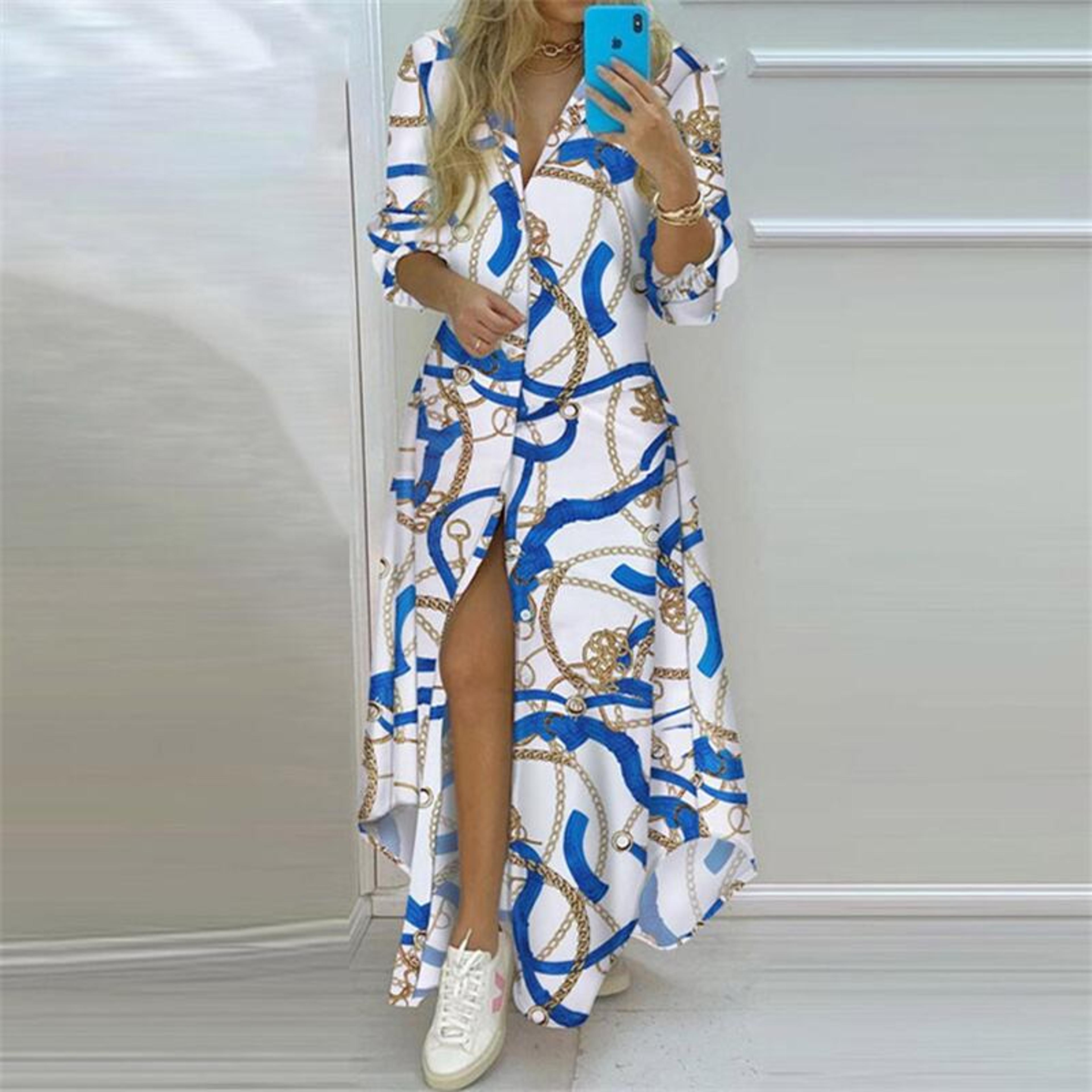 Summer Women Boho Printed Maxi Dresses Turndown Collar Long Sleeve Casual Split Shirt Elegant Dress 14