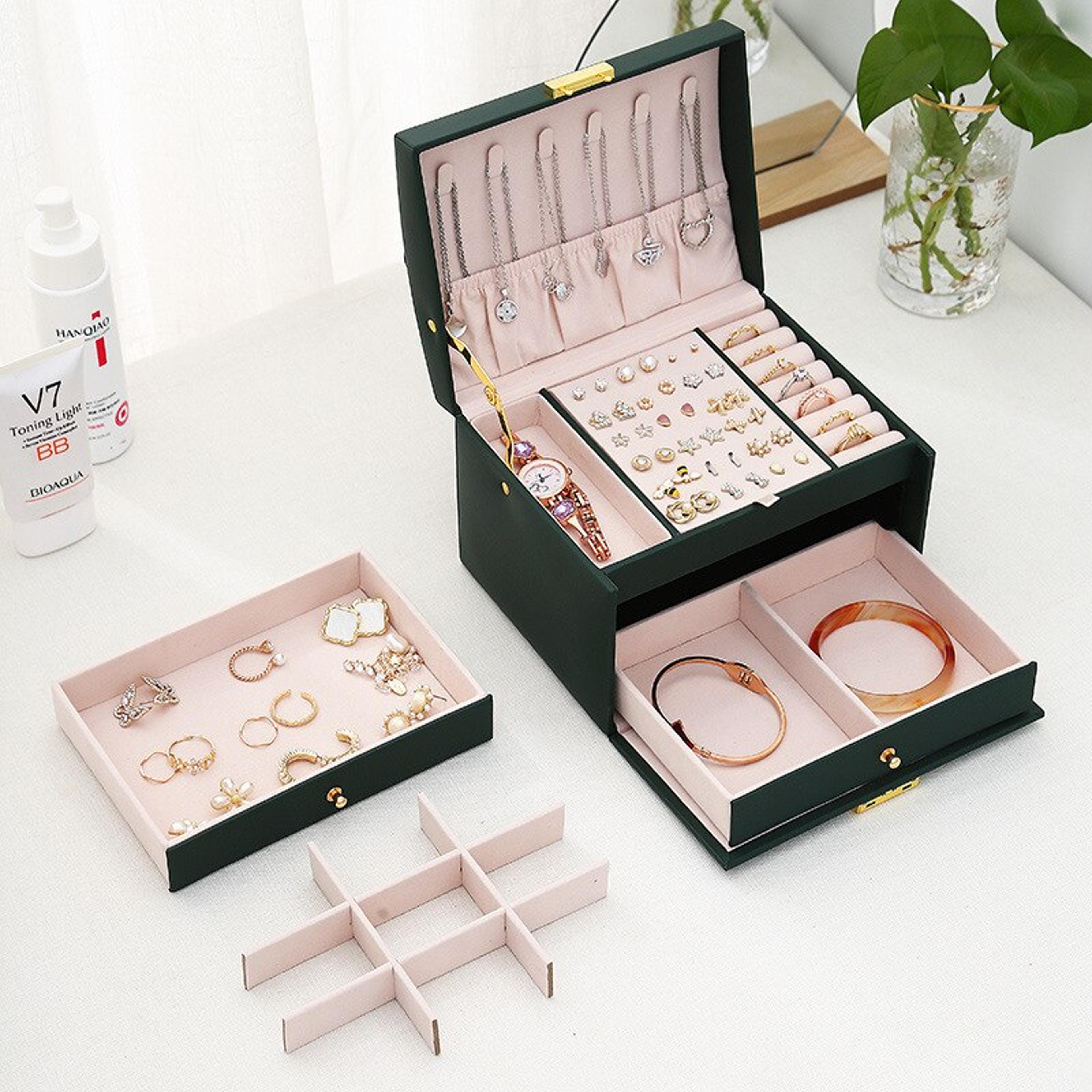 Three Layer Leather Drawer Jewelry Box Multi Functional Earrings Lock Organizer For Jewelry 2
