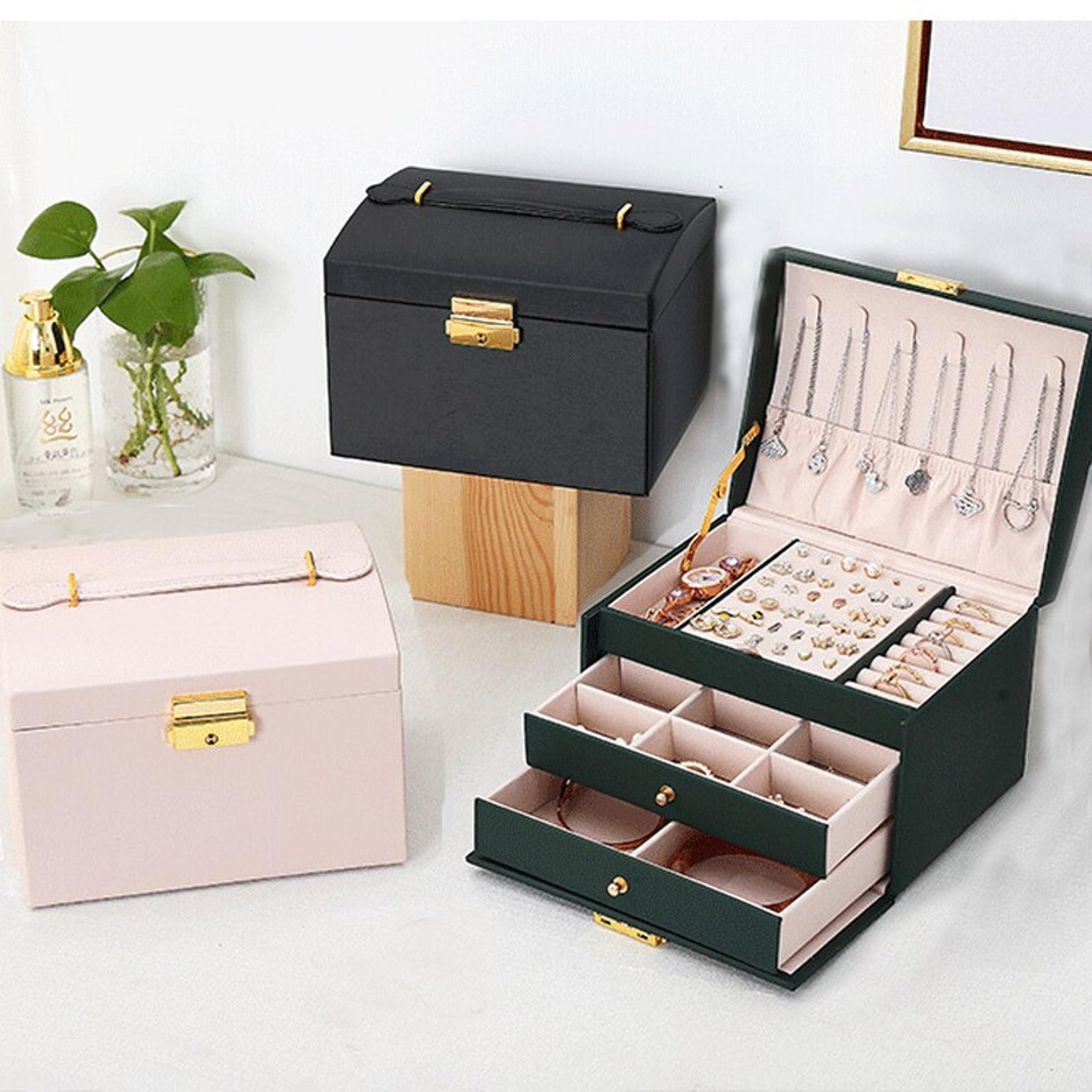 Three Layer Leather Drawer Jewelry Box Multi Functional Earrings Lock Organizer For Jewelry 3