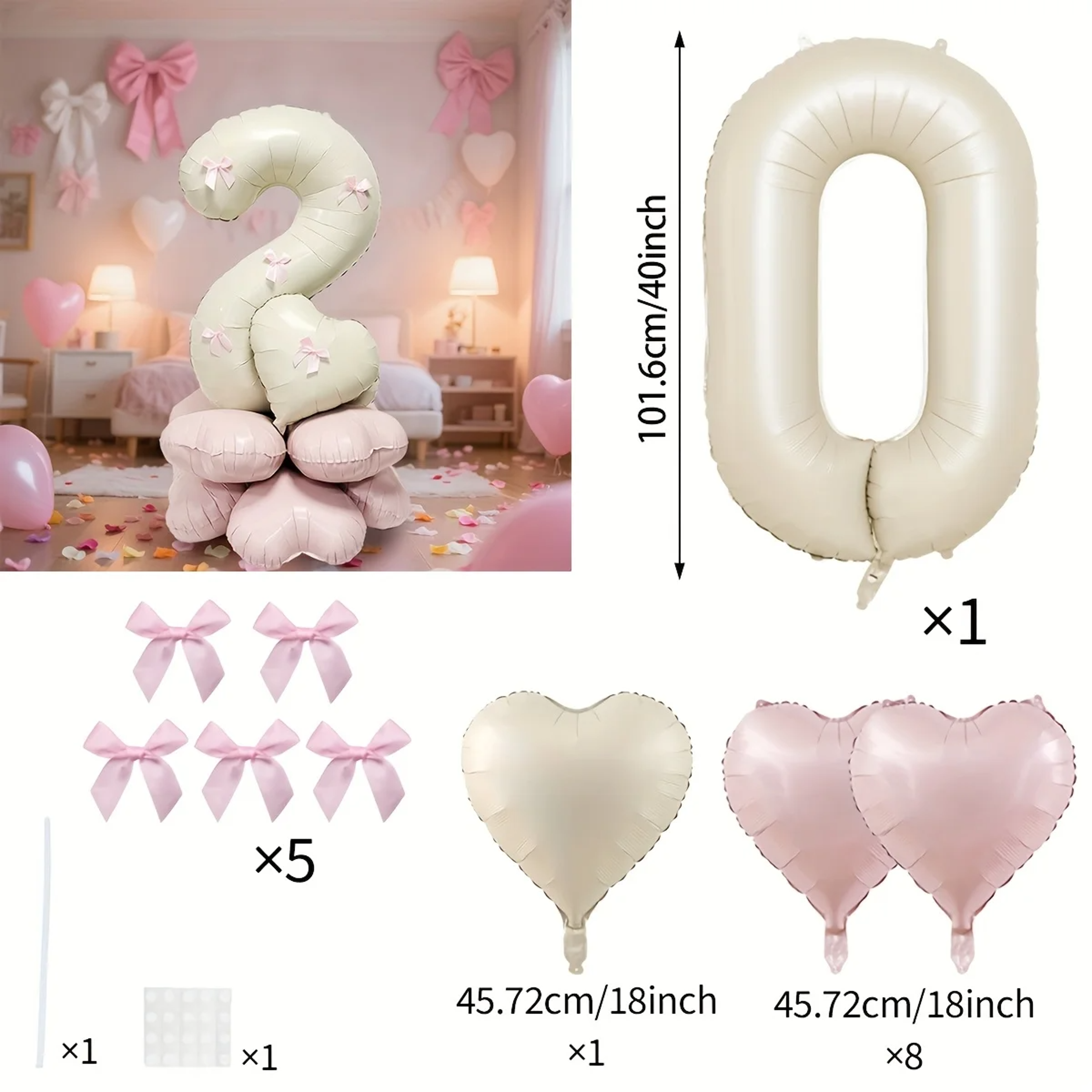 Cream White Balloon Set With Light Pink Heart Foil Bow For Birthday Wedding Valentines Day Annivers 4