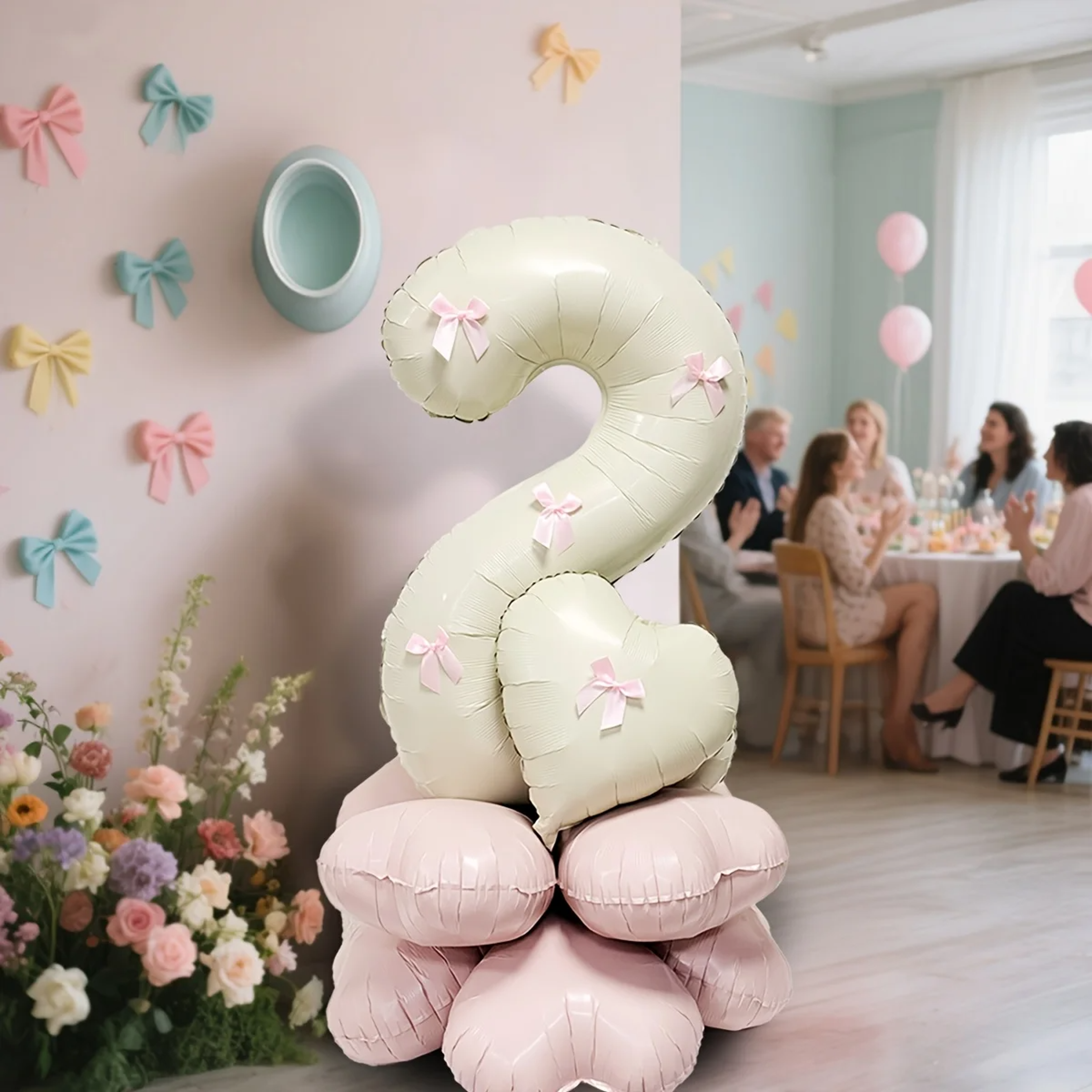 Cream White Balloon Set With Light Pink Heart Foil Bow For Birthday Wedding Valentines Day Annivers 3