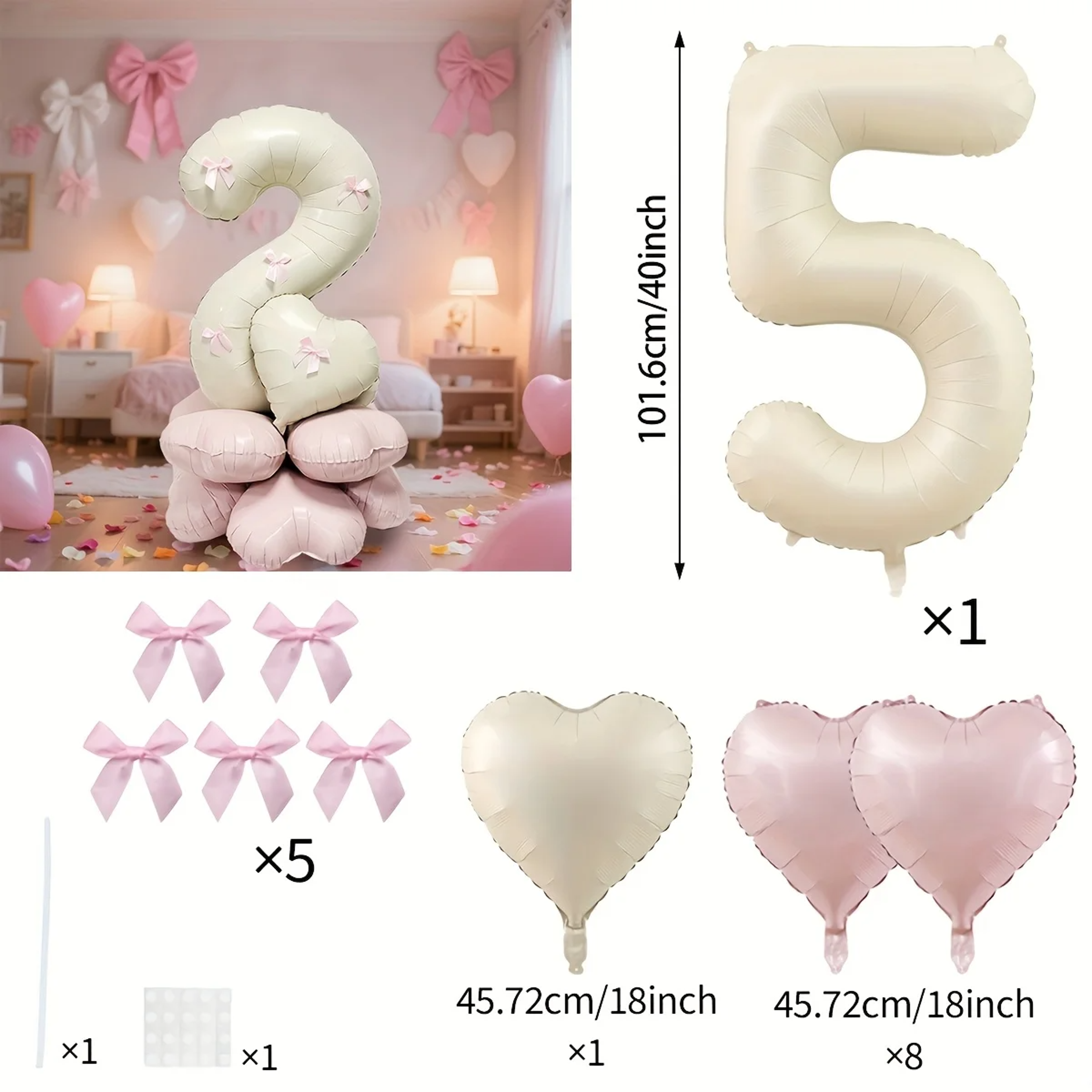 Cream White Balloon Set With Light Pink Heart Foil Bow For Birthday Wedding Valentines Day Annivers 9