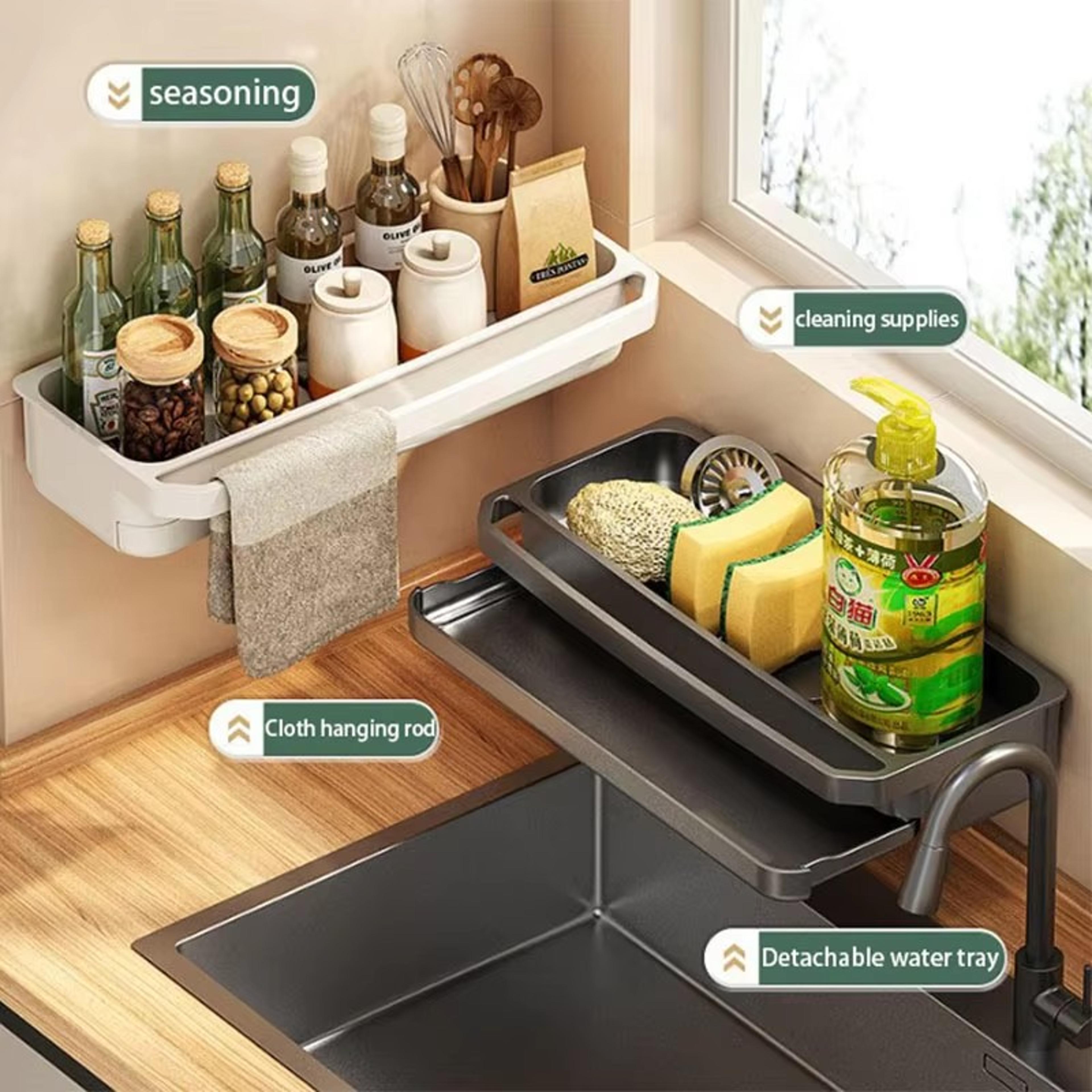 Wallmounted Sink Rack Faucet Storage Rack Adjustable Holefree Drain Tray Kitchen Sponge Storage She 1