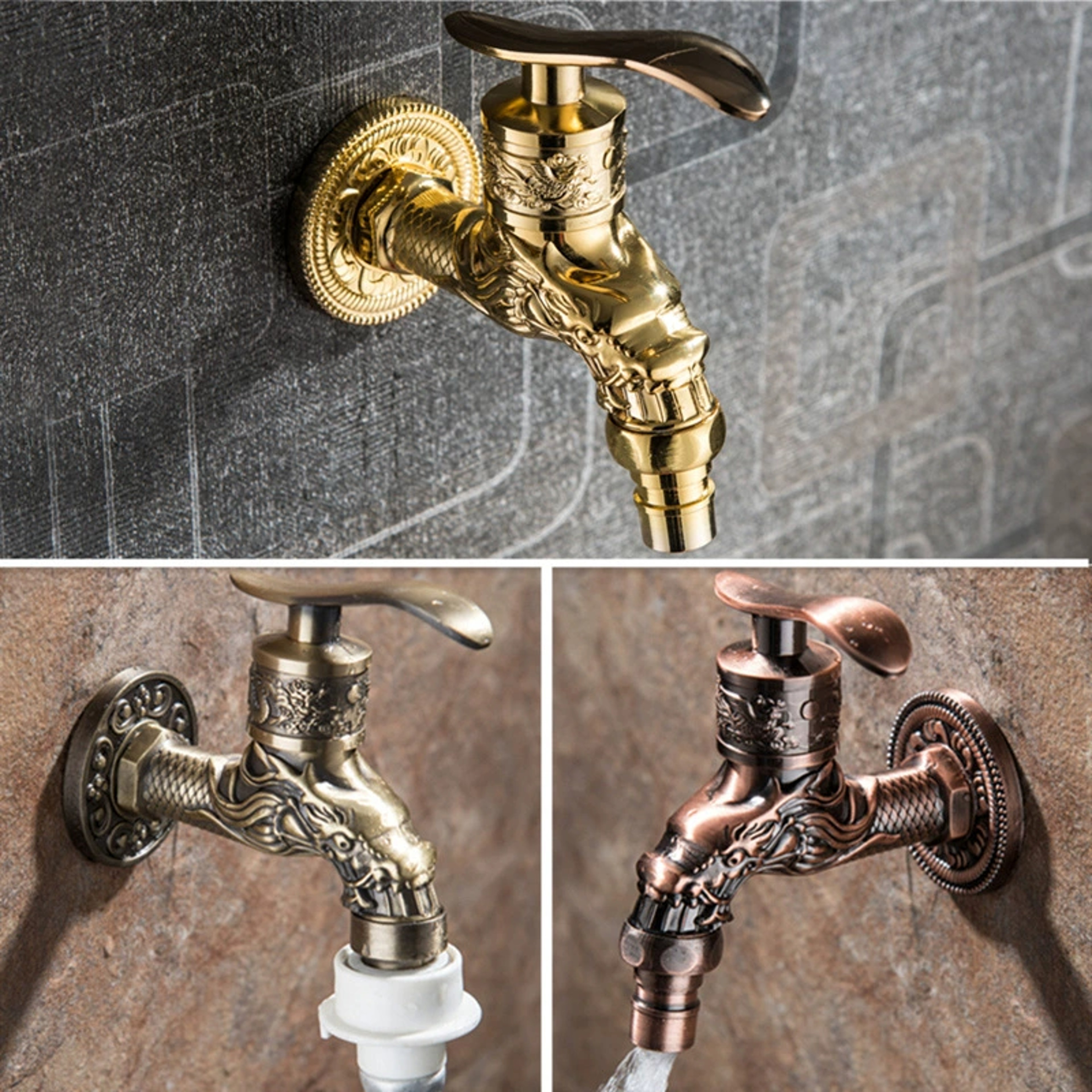 Retro Wallmounted Faucet Antique Zinc Alloy Engraved Single Cold Mop Pool Faucet 2
