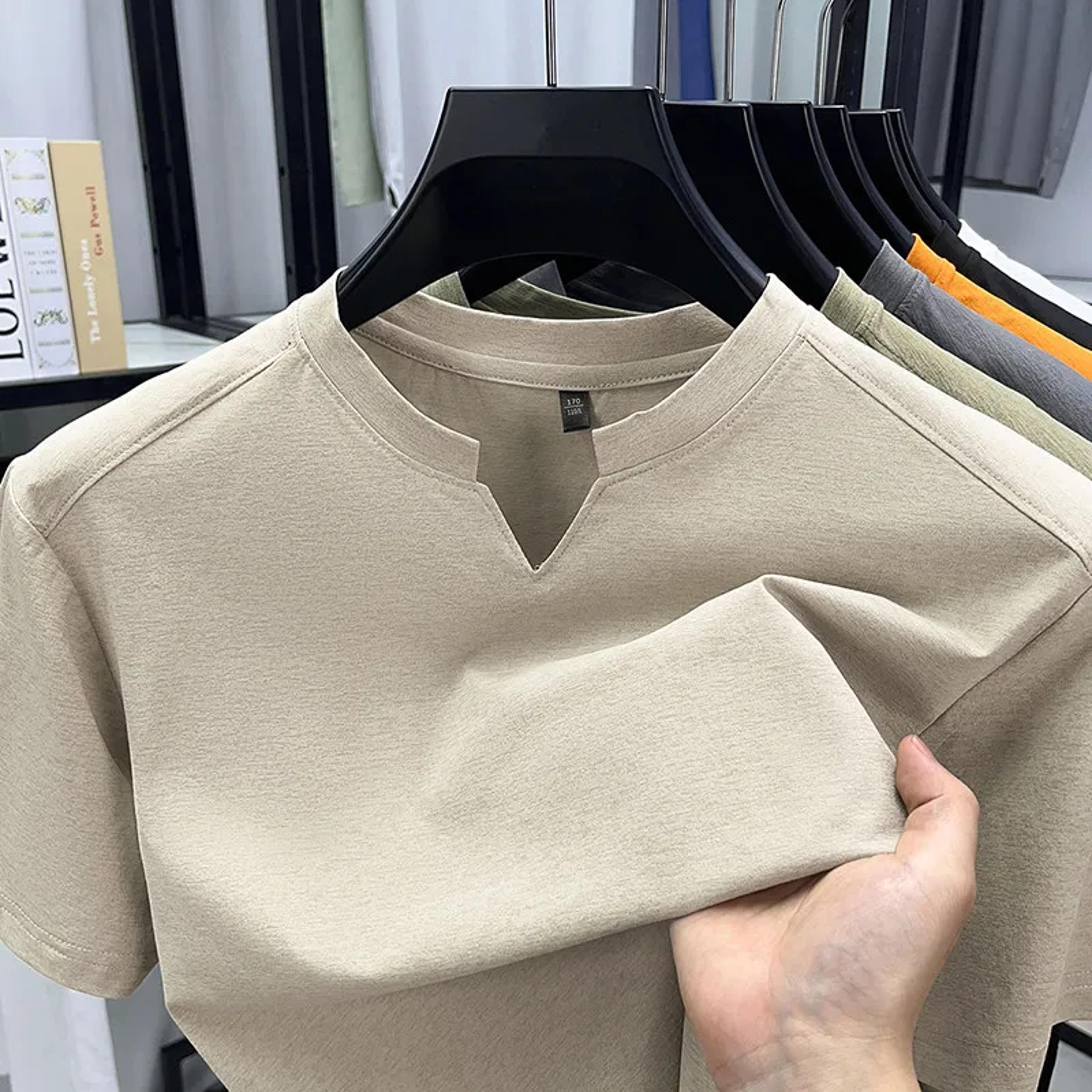 Comfortable Summer Versatile Top Mens Casual Small Vneck Solid Color Short Sleeved Tshirt 1