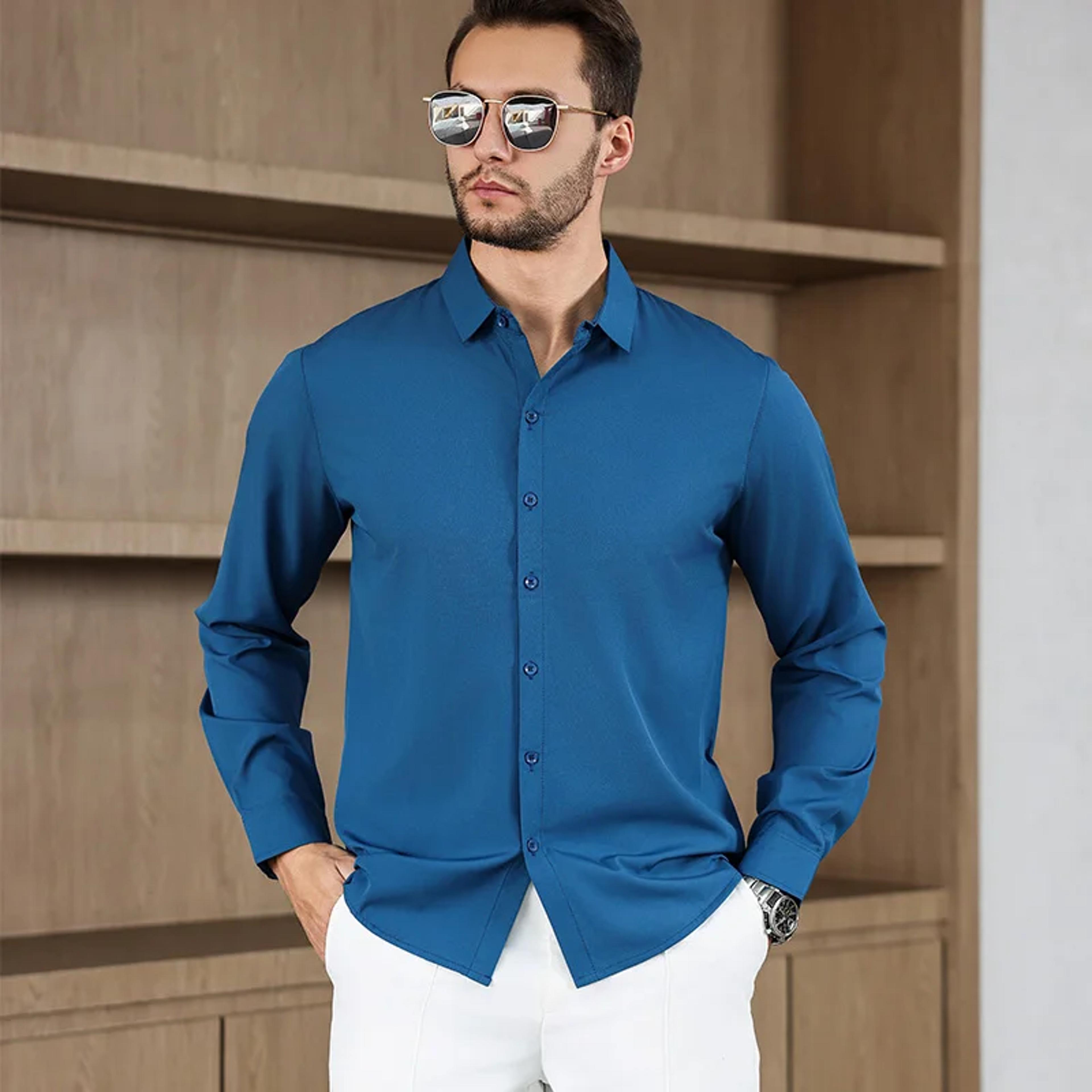 New Mens Solid Color Business Casual Long Sleeved Shirt Wrinkle Free Comfortable All Season Top 11