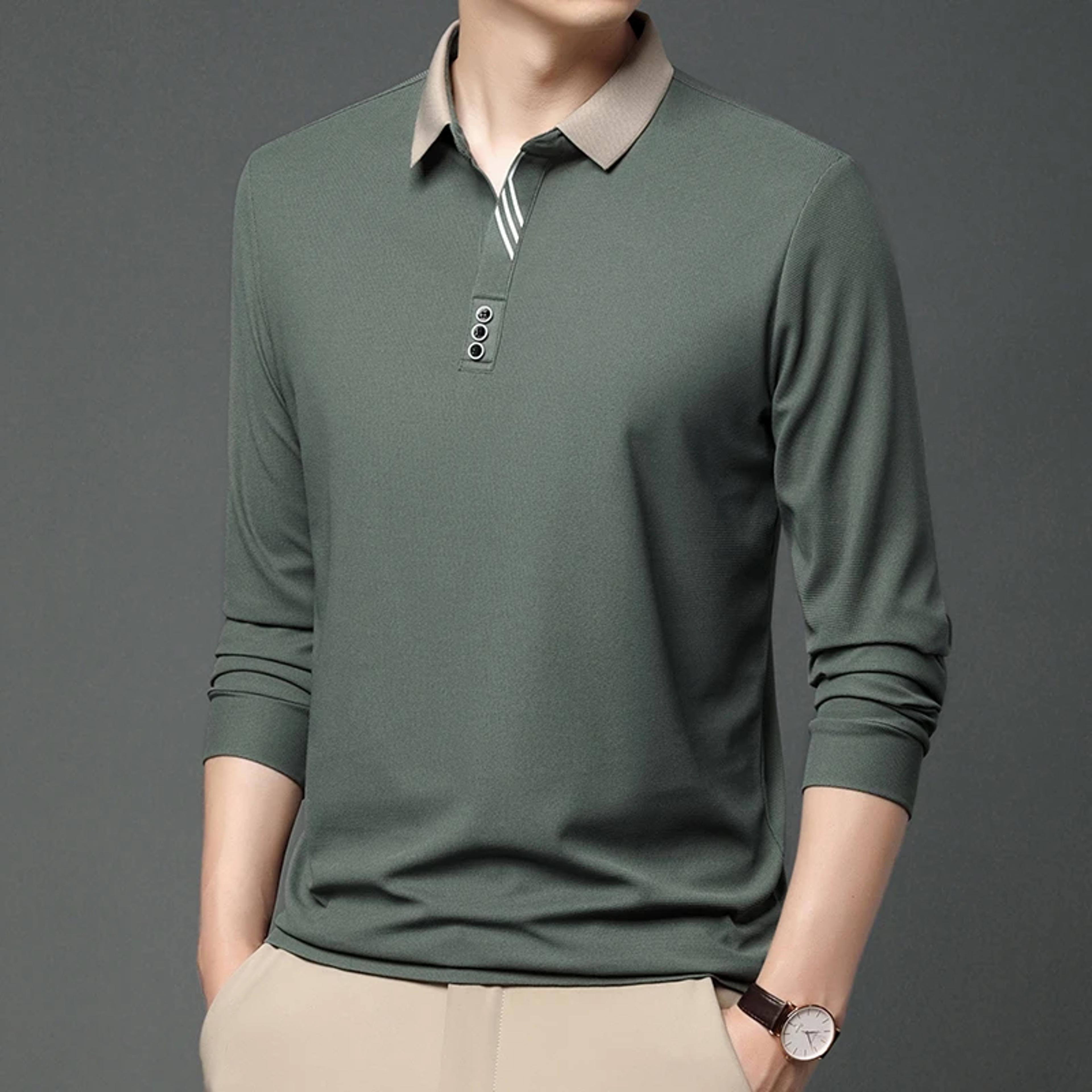 stylish men's business casual polo shirt, breathable long sleeved top, comfortable solid color shirt