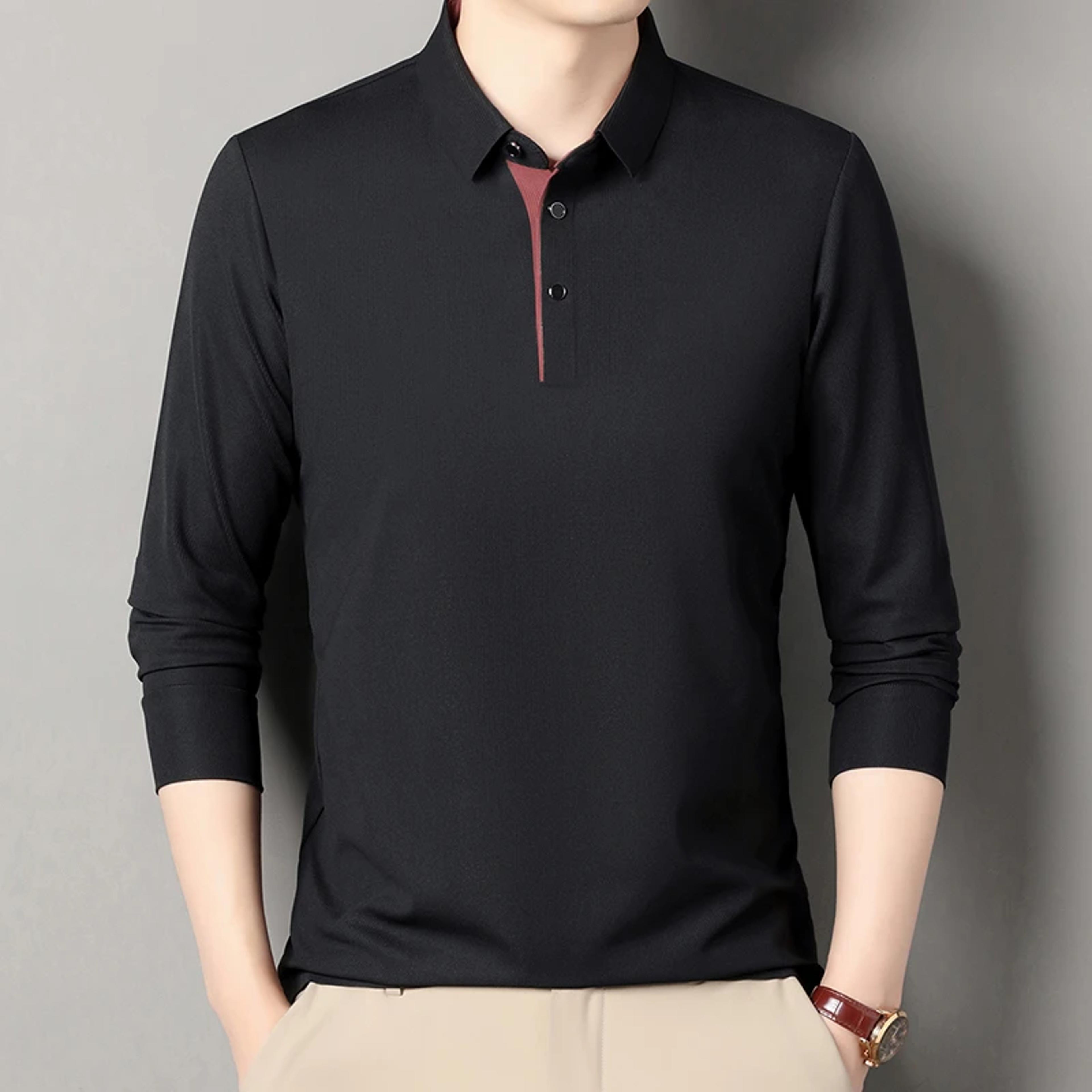 New Mens Business Casual Polo Shirt Long Sleeved Solid Color Shirt Comfortable Versatile Fashionabl 9