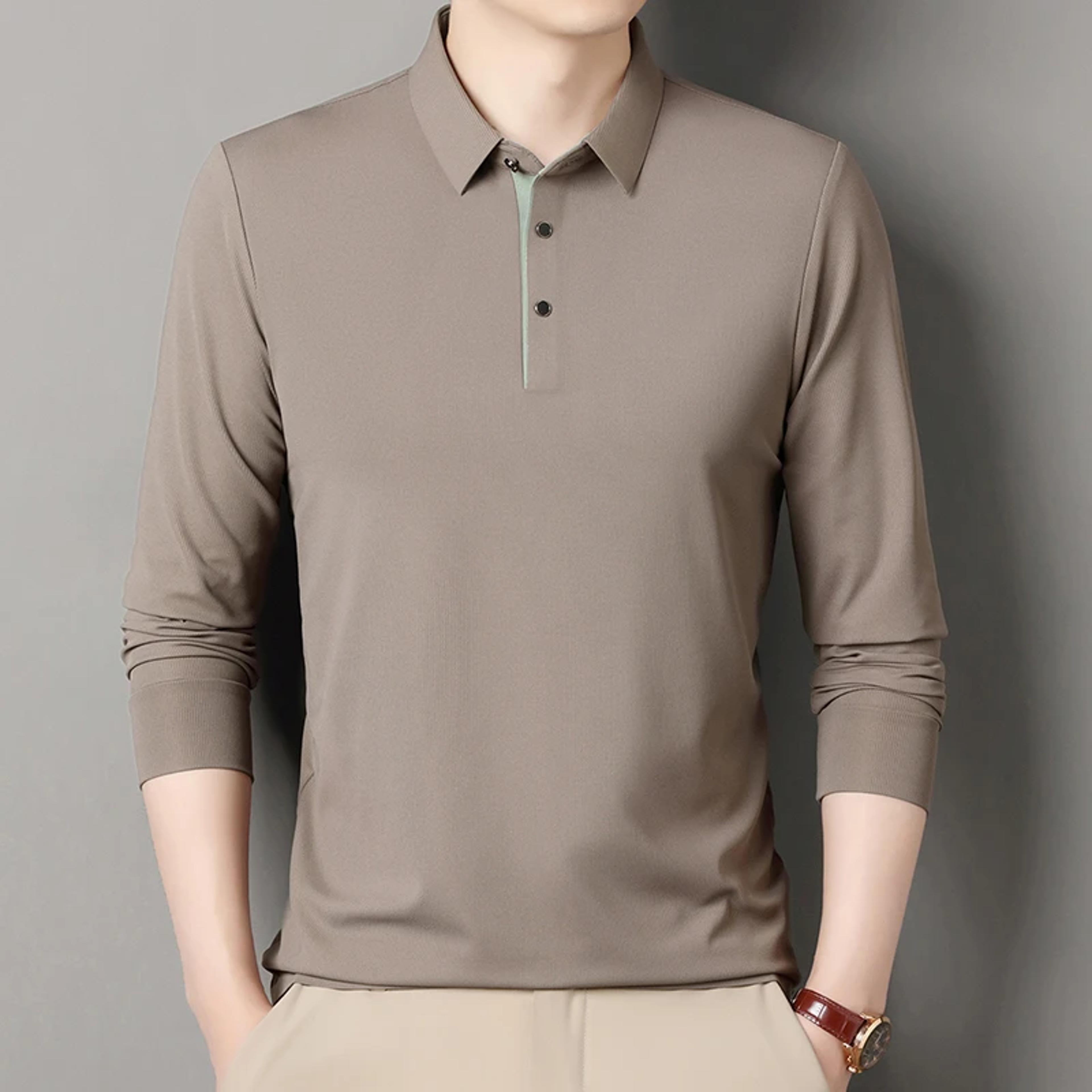 New Mens Business Casual Polo Shirt Long Sleeved Solid Color Shirt Comfortable Versatile Fashionabl 10