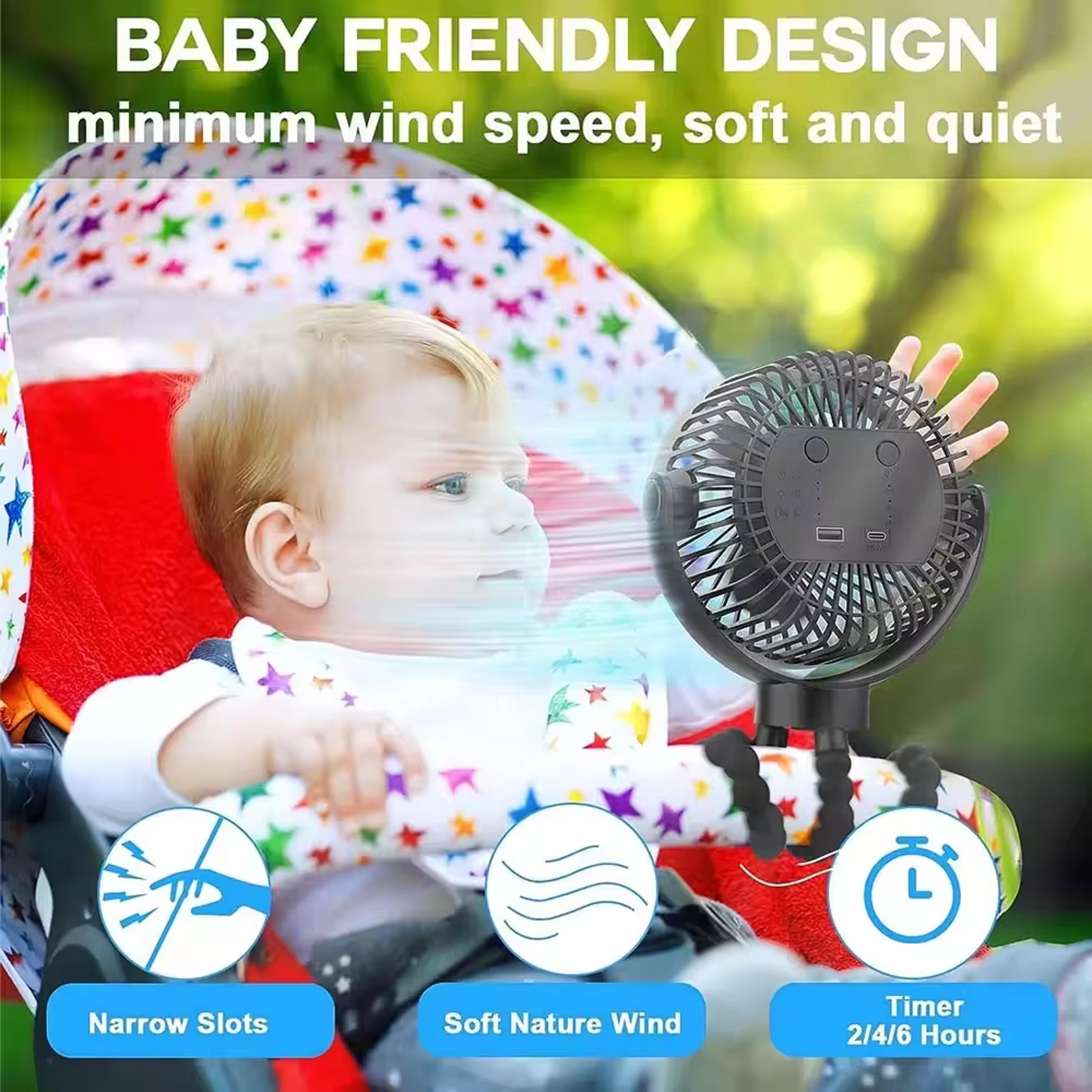 Portable USB Charging Baby Fan With Speeds Mini Fan For Stroller Mobile Phone Holder And Light For  2
