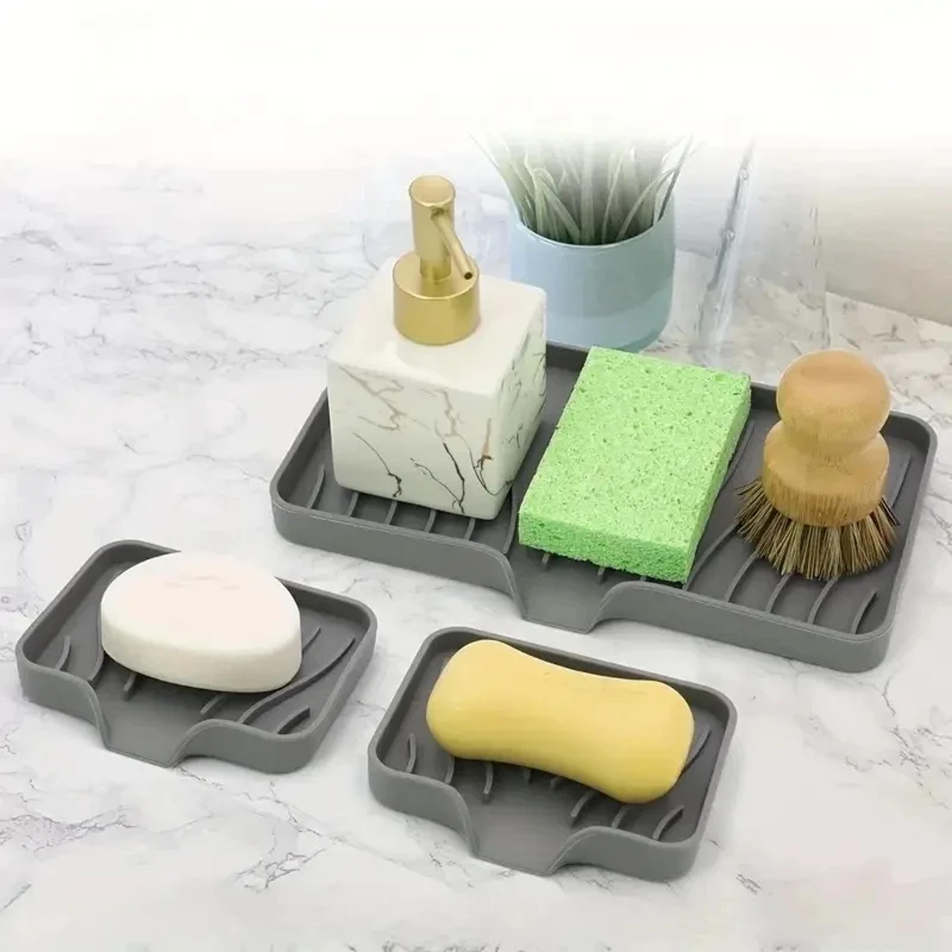 Silicone Tray With Drain Sink Soap Sponge Storage Holder Brush Scrubber Rack Countertop Kitchen Org 2