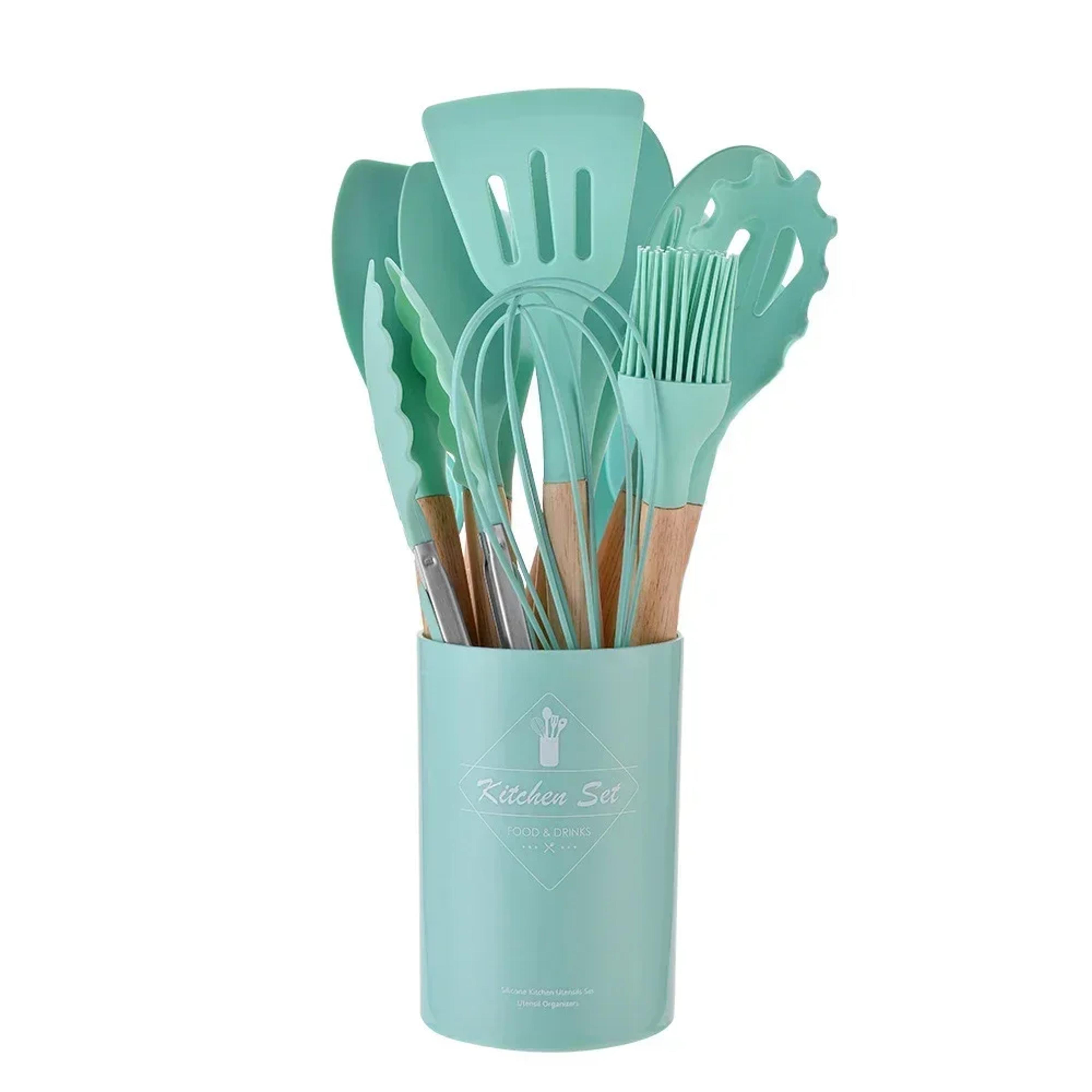 Silicone Kitchenware Non Stick Cooking Set Spatula Shovel Wooden Handle Egg Beaters Utensils 9