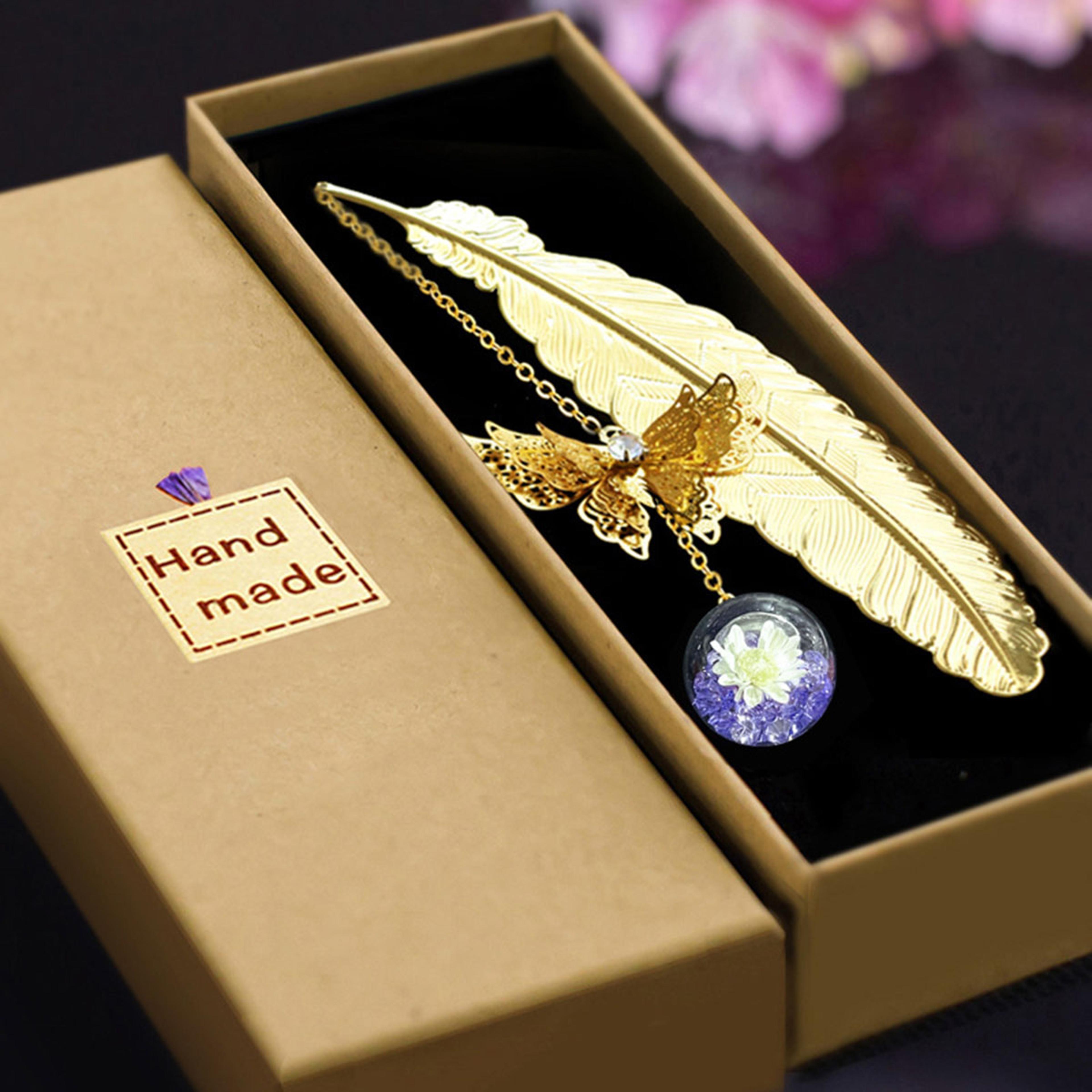 Style Metal Feather Bookmark With Butterfly Leaf And Dried Flower For Teachers Day And Student Gift 0